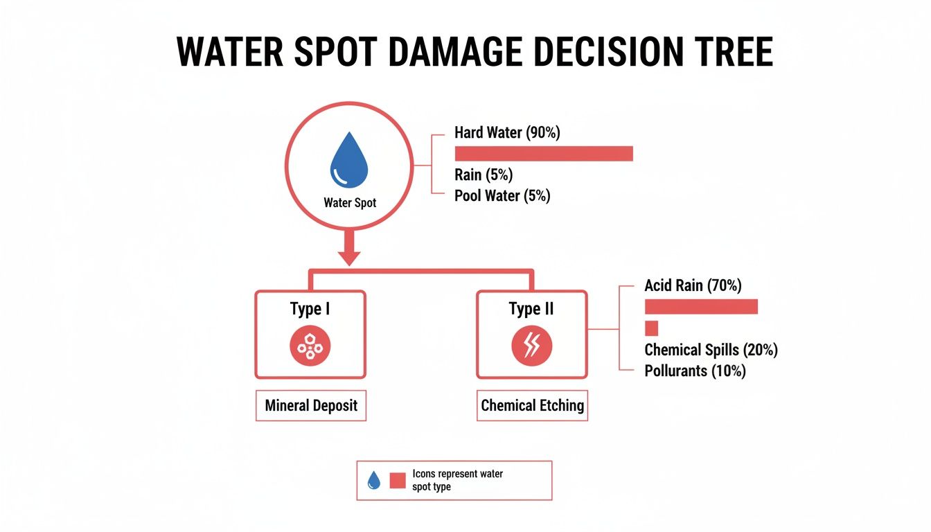A decision tree diagram illustrating water spot damage types like mineral deposit and chemical etching, with their sources.