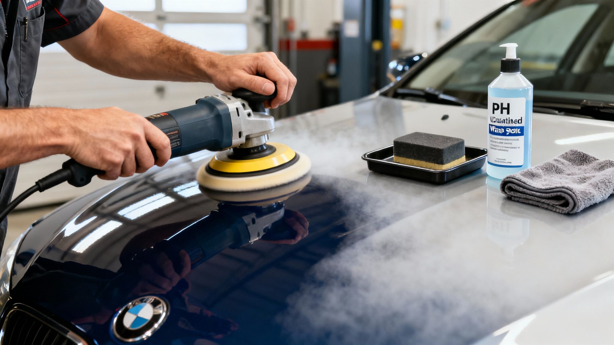 A person uses an electric polisher on a blue BMW car hood, with detailing products like a bottle, sponge, and towel visible.