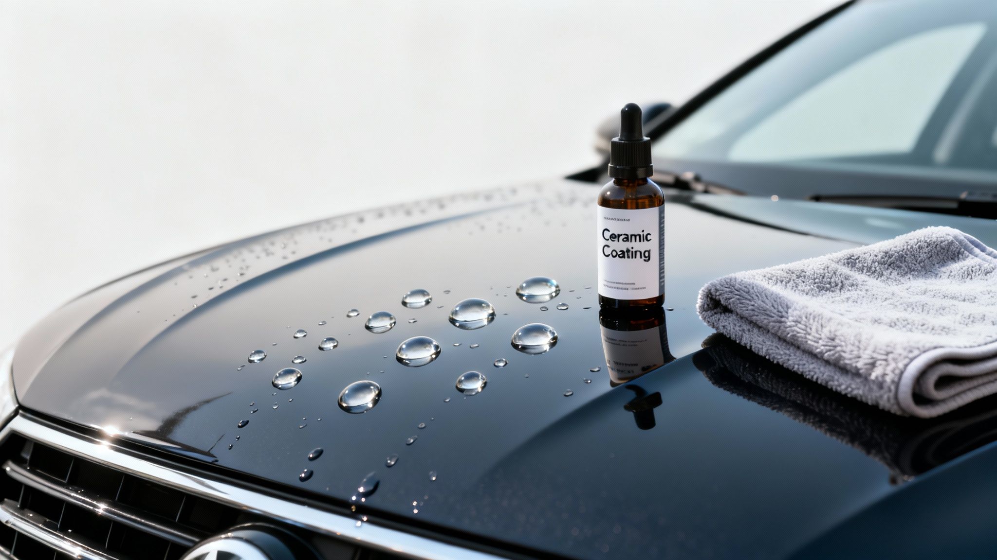 Dark car hood treated with ceramic coating showing impressive water beading, next to product bottle and towel.