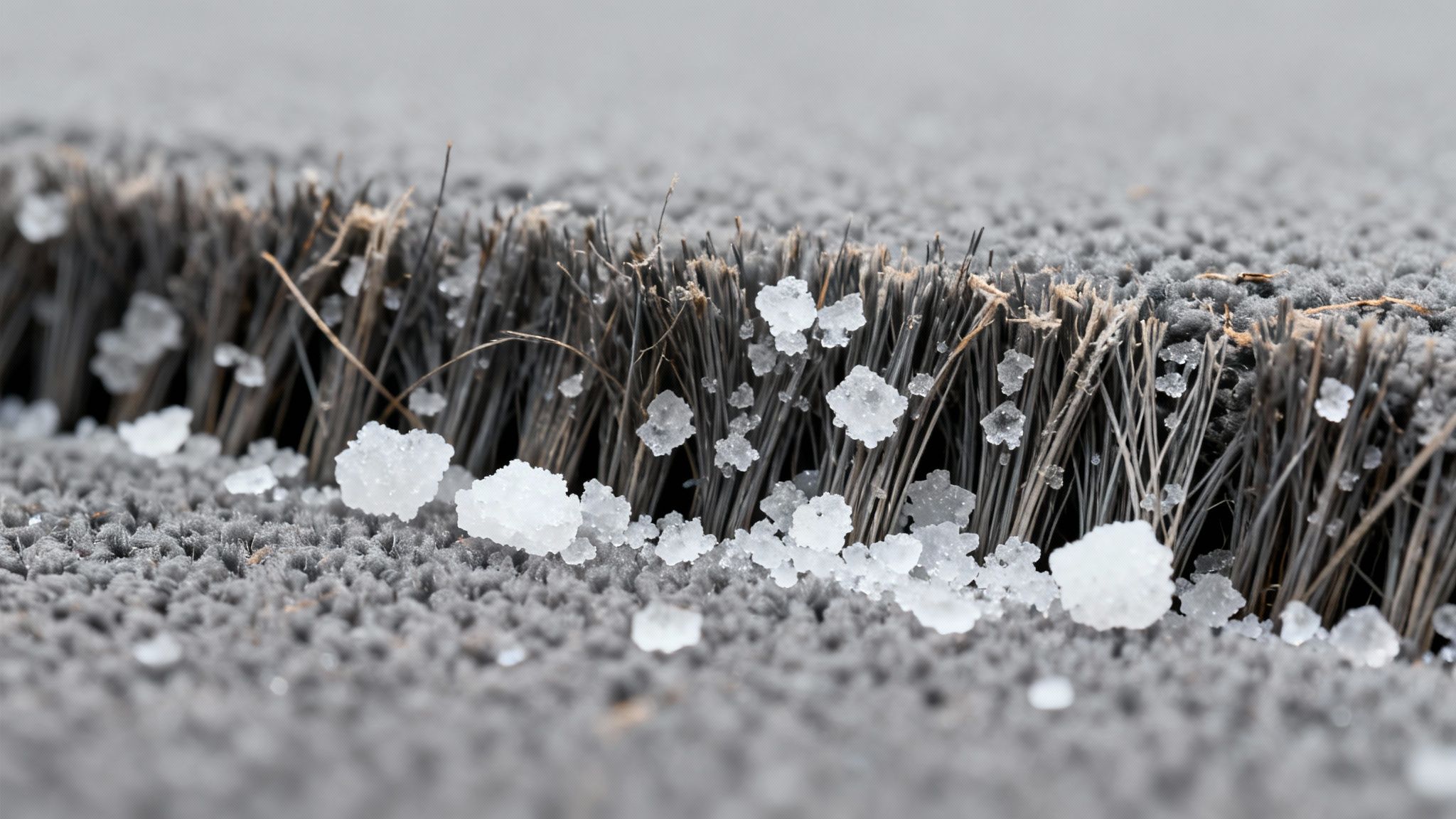 Close-up of white salt crystals on a dark grey, coarse car carpet with stiff bristles.