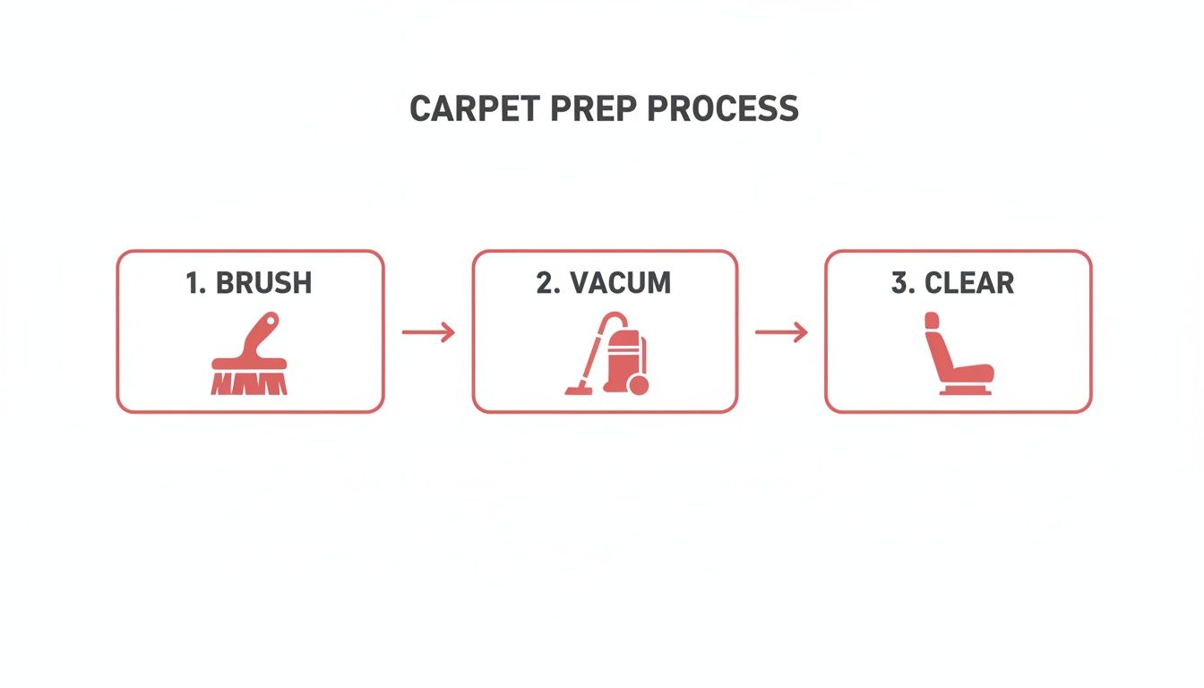 A diagram illustrating the three-step carpet preparation process: brush, vacuum, and clear, with icons.