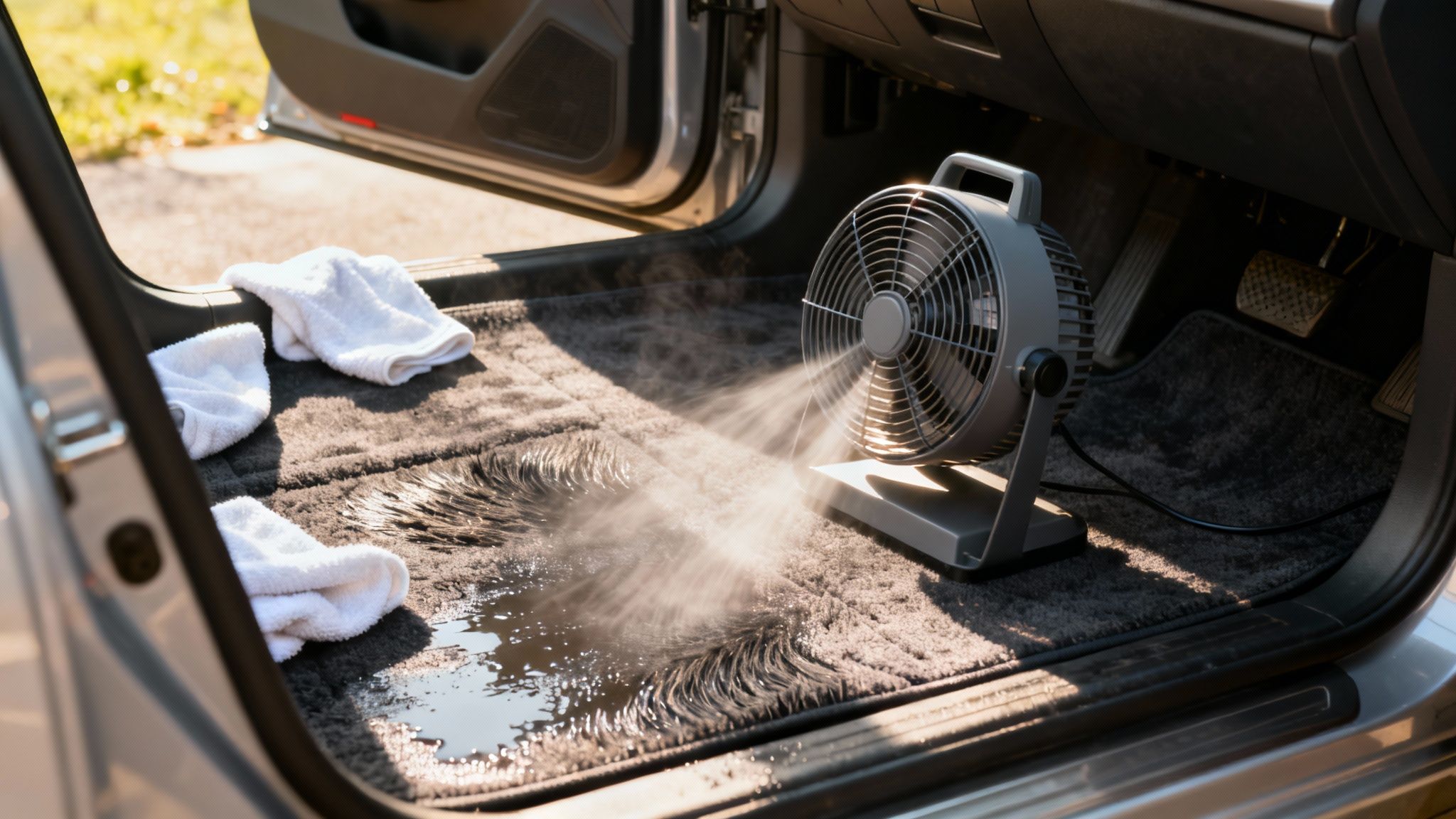 A fan blows air onto a wet car carpet with white towels to dry water stains.