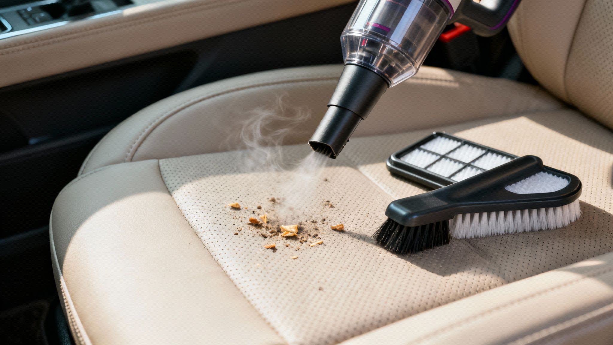 A hand-held car vacuum cleaning crumbs and dirt from a beige leather car seat, with a brush and filter nearby.