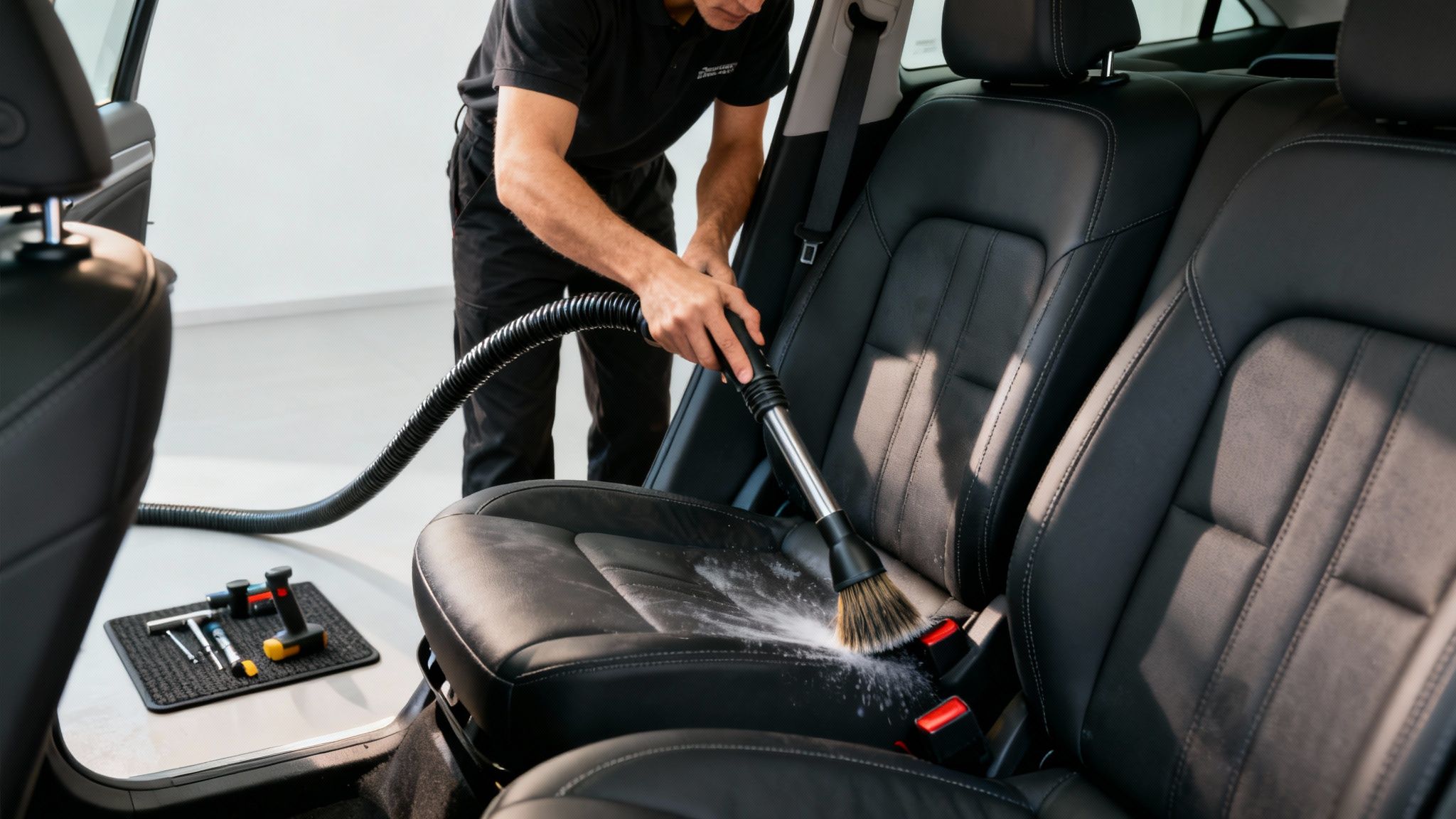 Professional car detailer vacuuming and cleaning black leather car seats with a brush attachment.