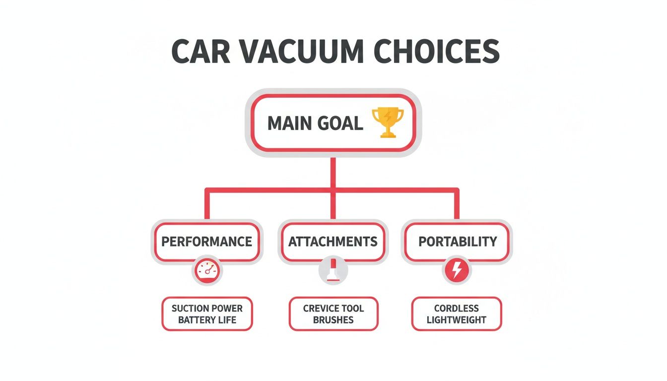 A flowchart detailing car vacuum choices, considering main goal, performance, attachments, and portability.