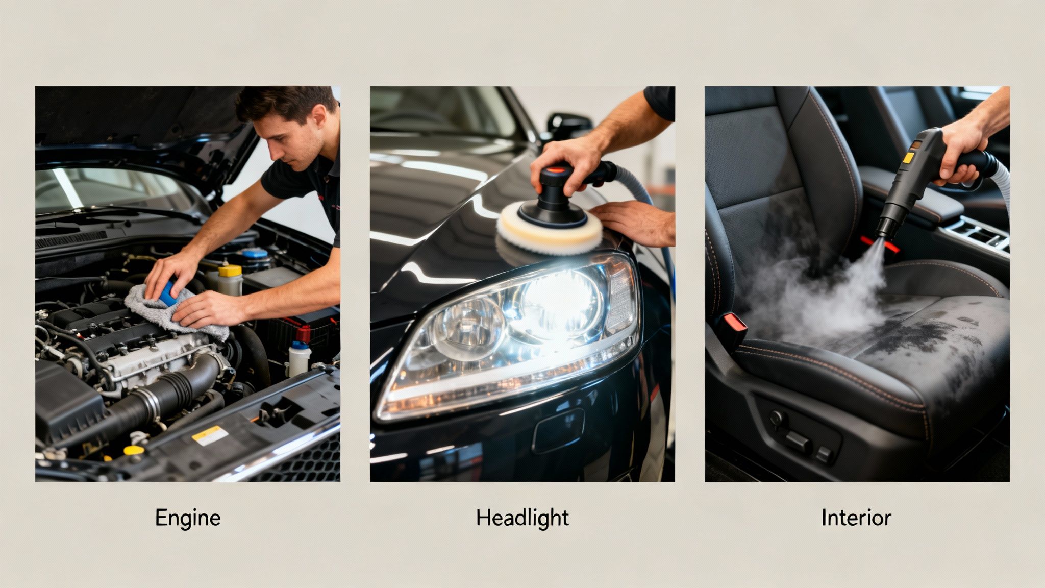Close-up of three professional car detailing services: engine cleaning, headlight polishing, and interior steam cleaning.