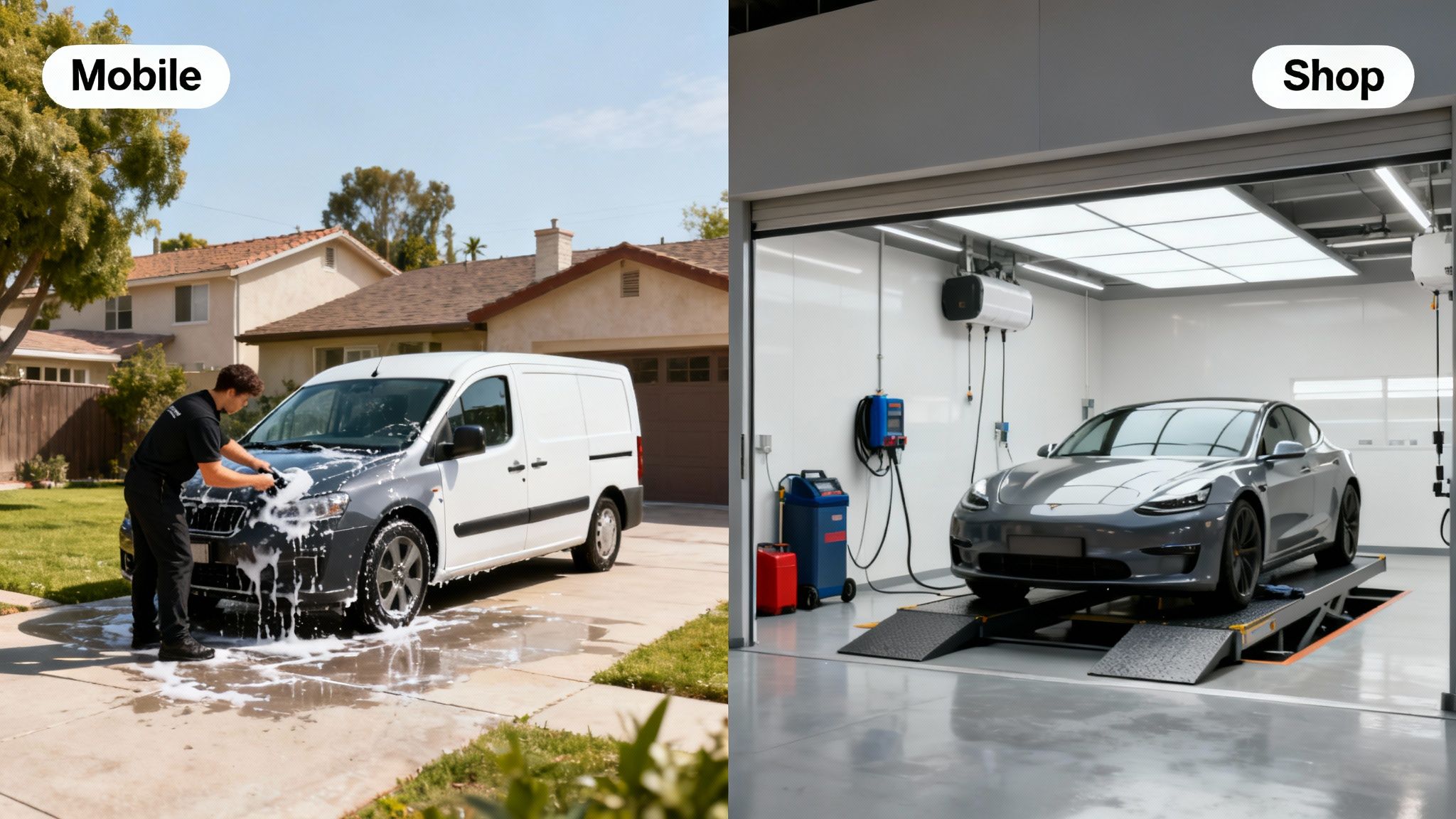 Side-by-side image showing mobile car detailing at home and professional car detailing in a shop.