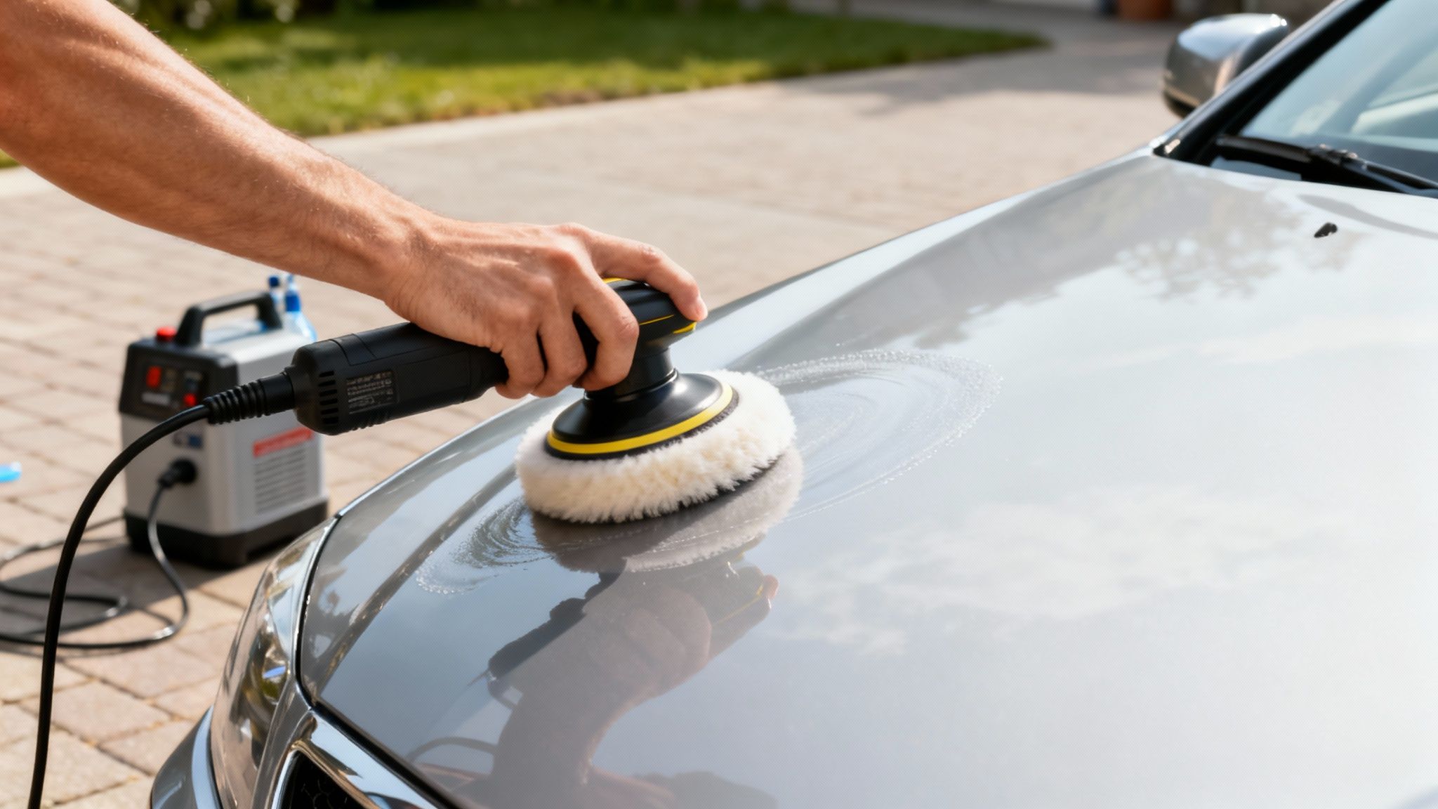 A person's hand operates an orbital polisher on the hood of a grey car during detailing.