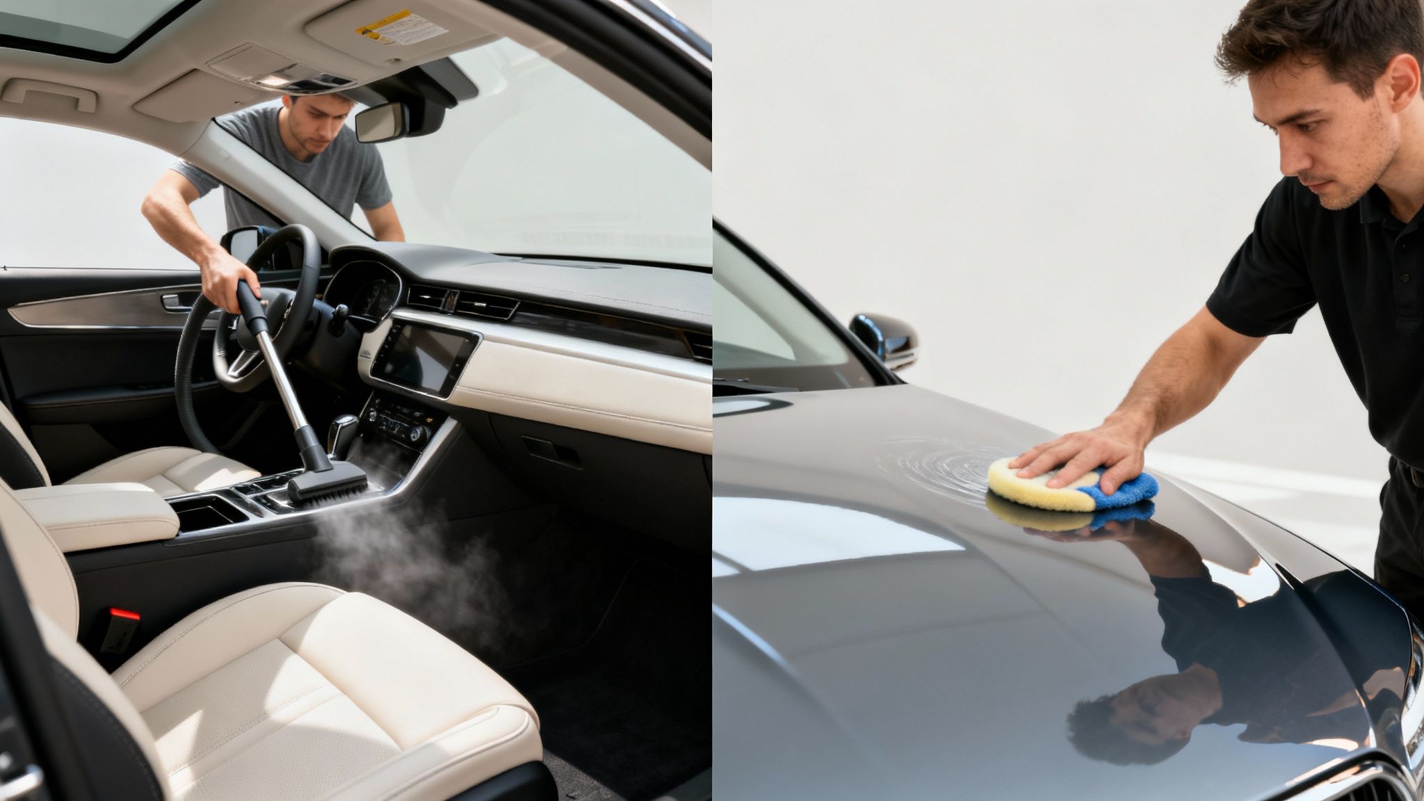 A man steam cleaning car interior, another man waxing car exterior for detailing service.