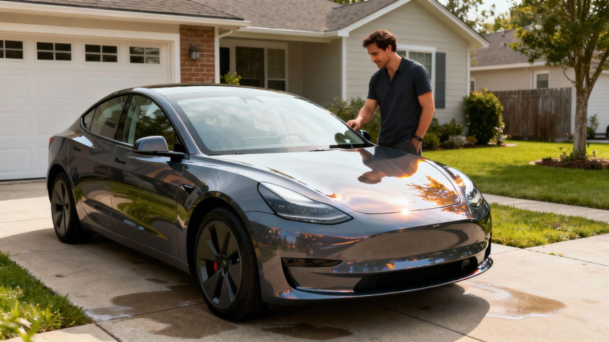 A man washes his dark gray Tesla car in the driveway of a suburban home on a sunny day.
