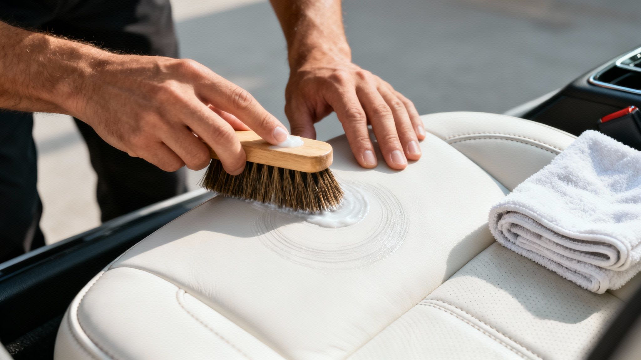 Close-up of hands scrubbing a white leather car seat with a brush and cleaning solution.