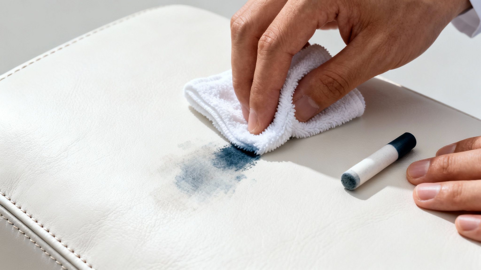 A person is carefully cleaning a dark blue stain from a white leather car seat using a small white cloth.