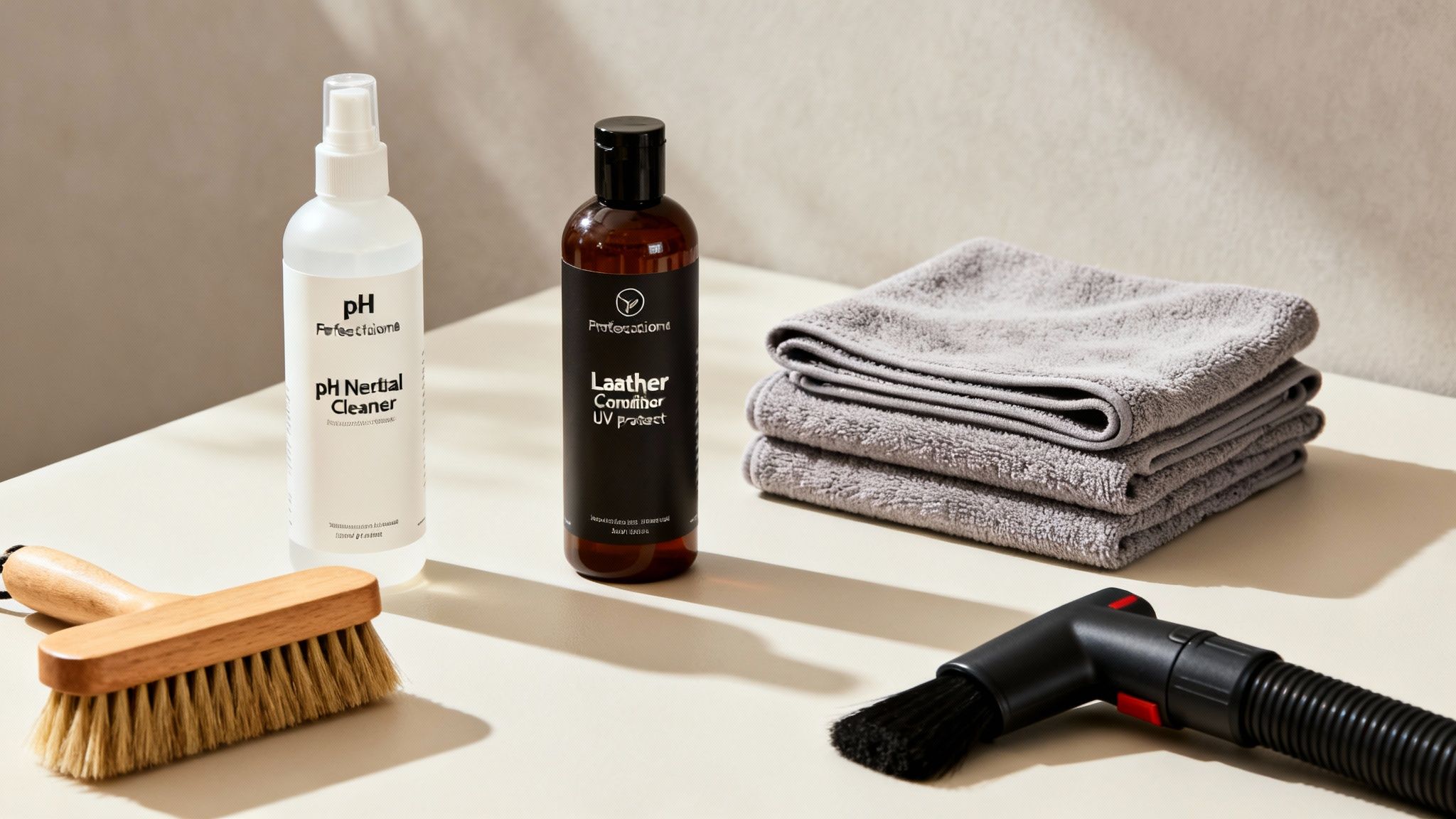 A collection of car detailing products, including leather cleaner, conditioner, brushes, and microfiber towels on a light surface.