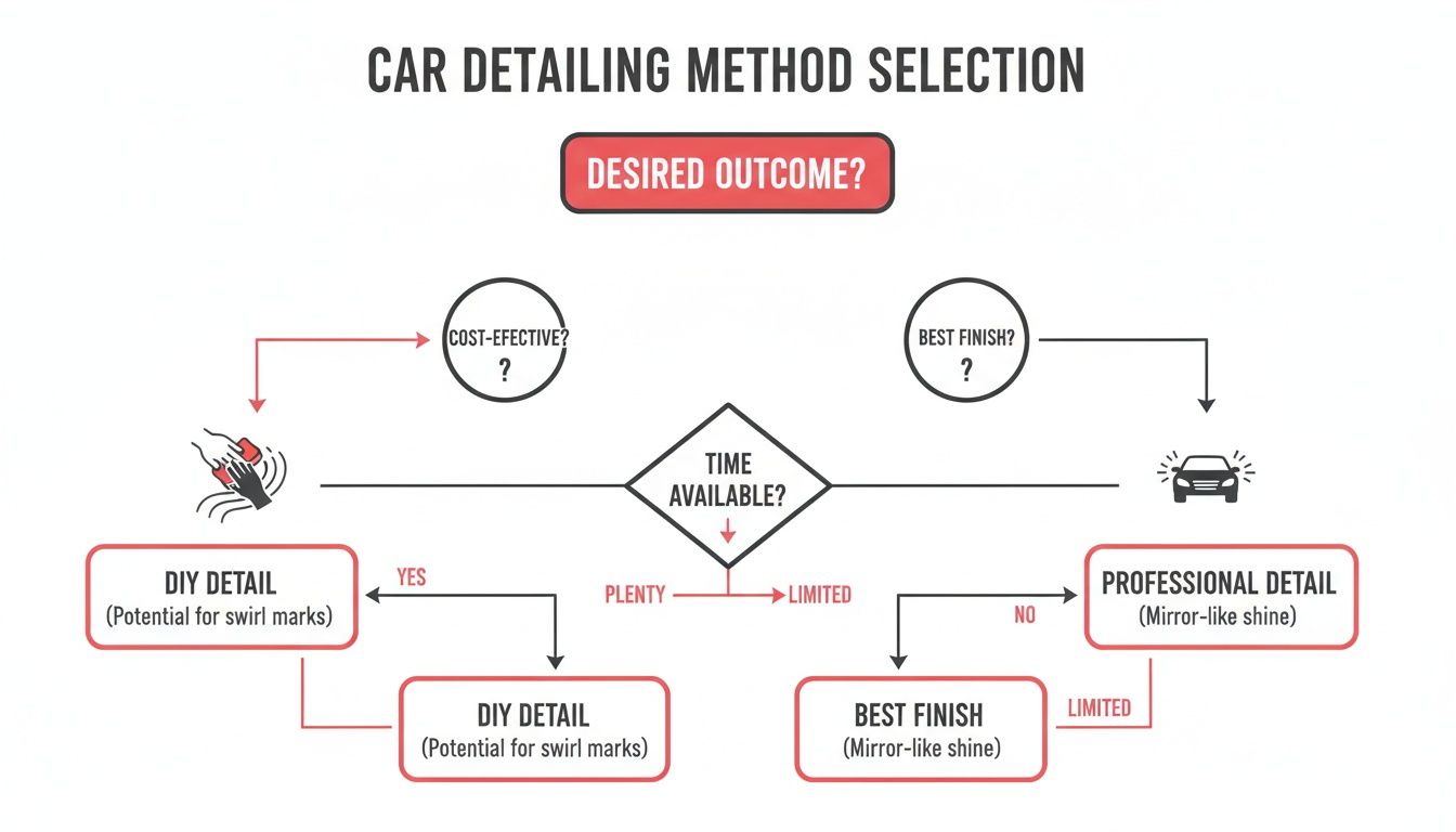 Flowchart for car detailing method selection, considering desired outcome, time, leading to DIY or professional options.