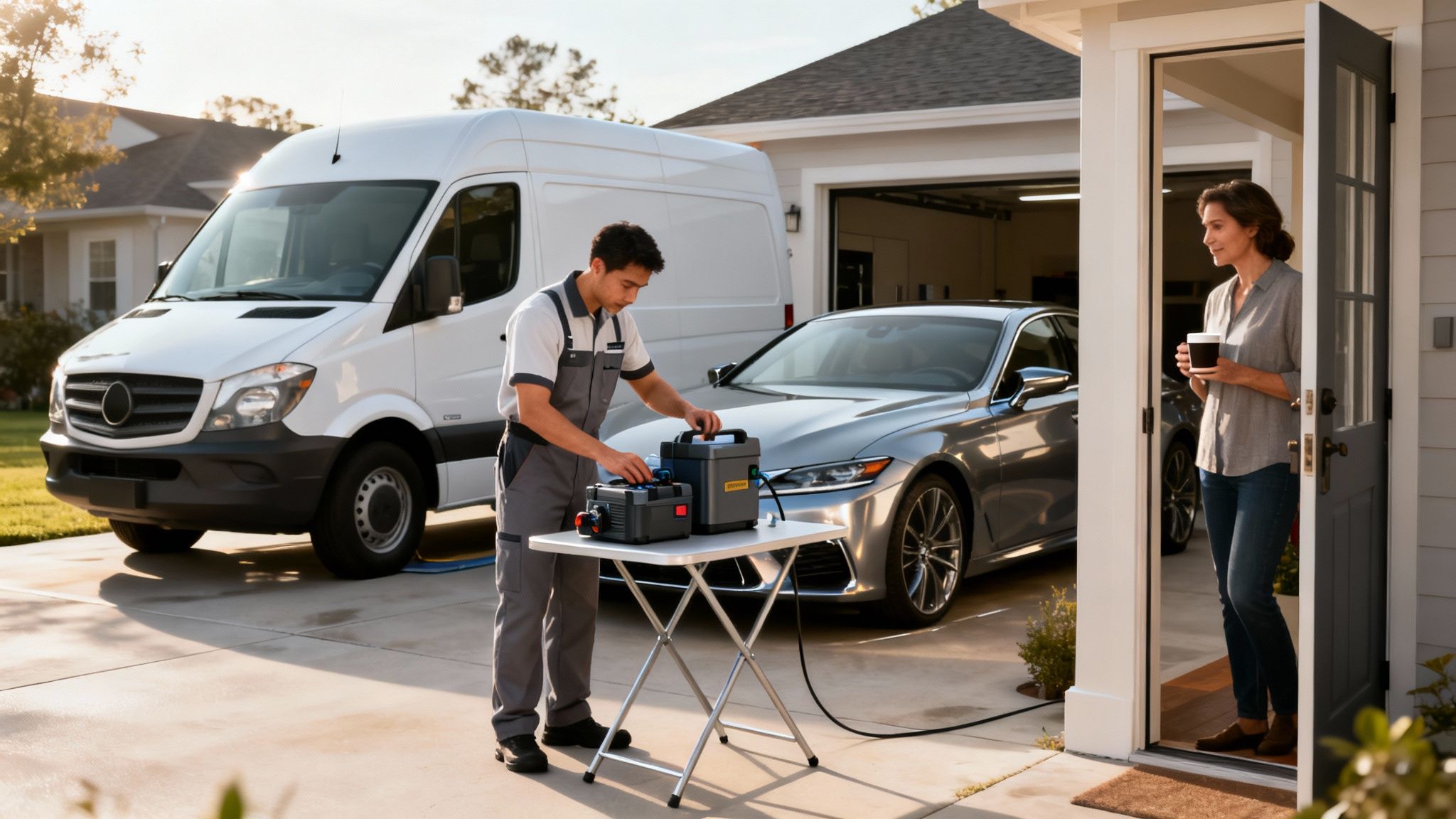 A technician provides car service in a home driveway, observed by a woman in the doorway.