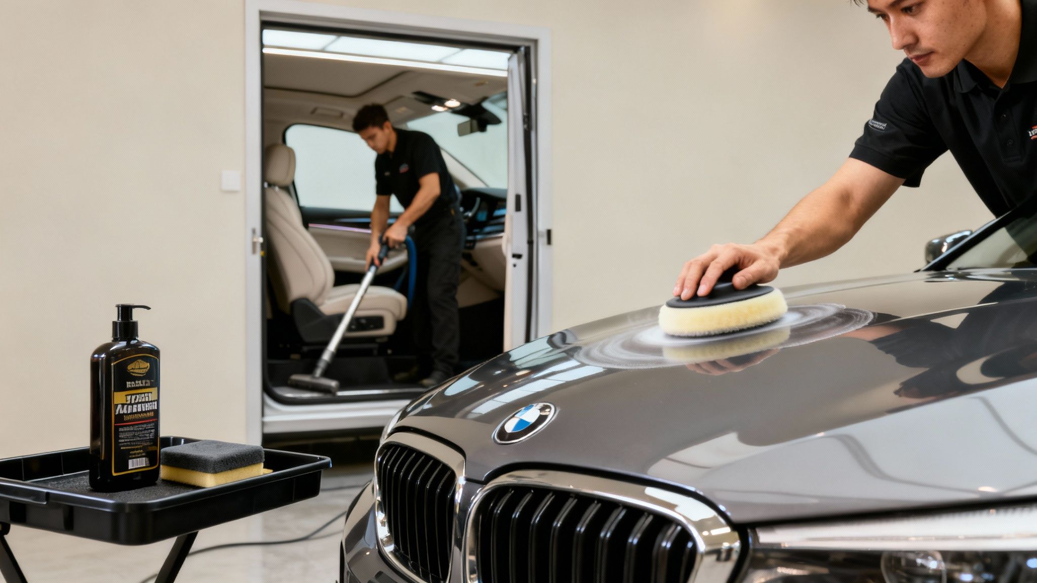 Two men professionally detailing cars: one polishes a BMW hood, the other vacuums an interior.