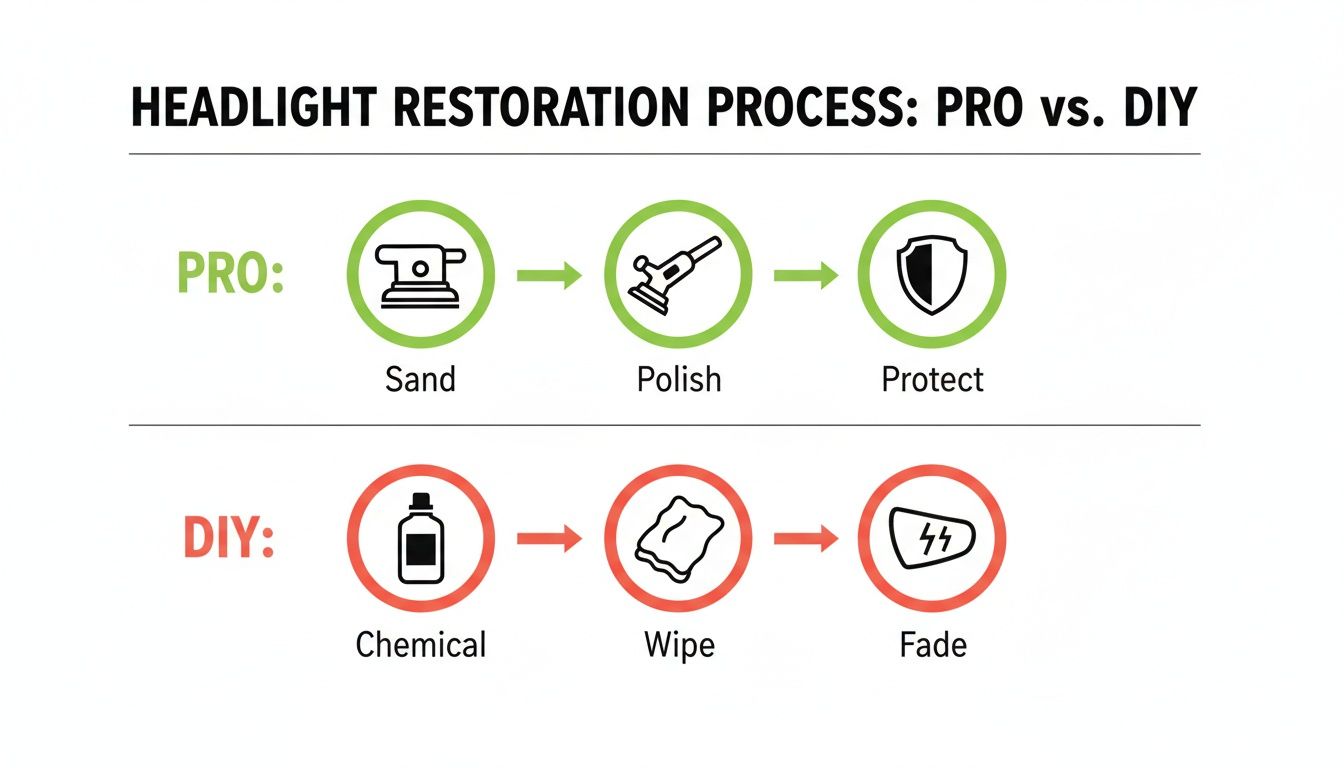 Flowchart comparing professional (sand, polish, protect) and DIY (chemical, wipe, fade) headlight restoration methods.