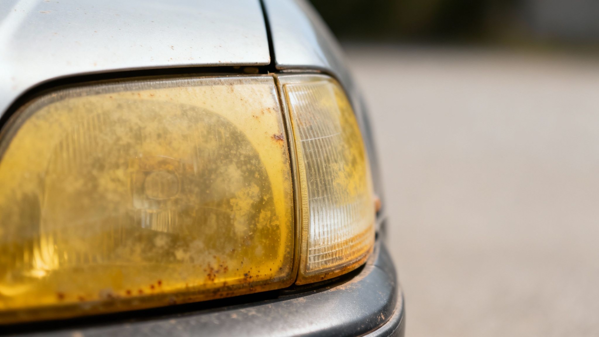 A close-up of a heavily yellowed and dirty car headlight with visible rust.