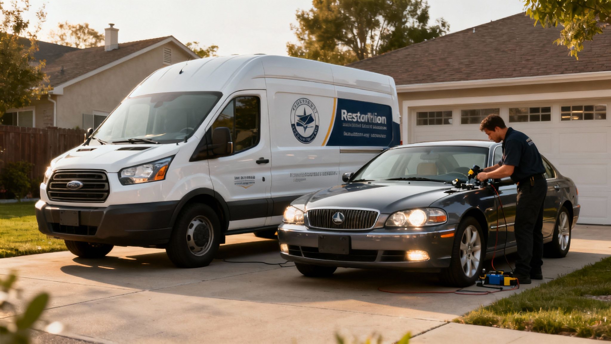 A technician restoring car headlights in a residential driveway, with a white service van parked nearby.