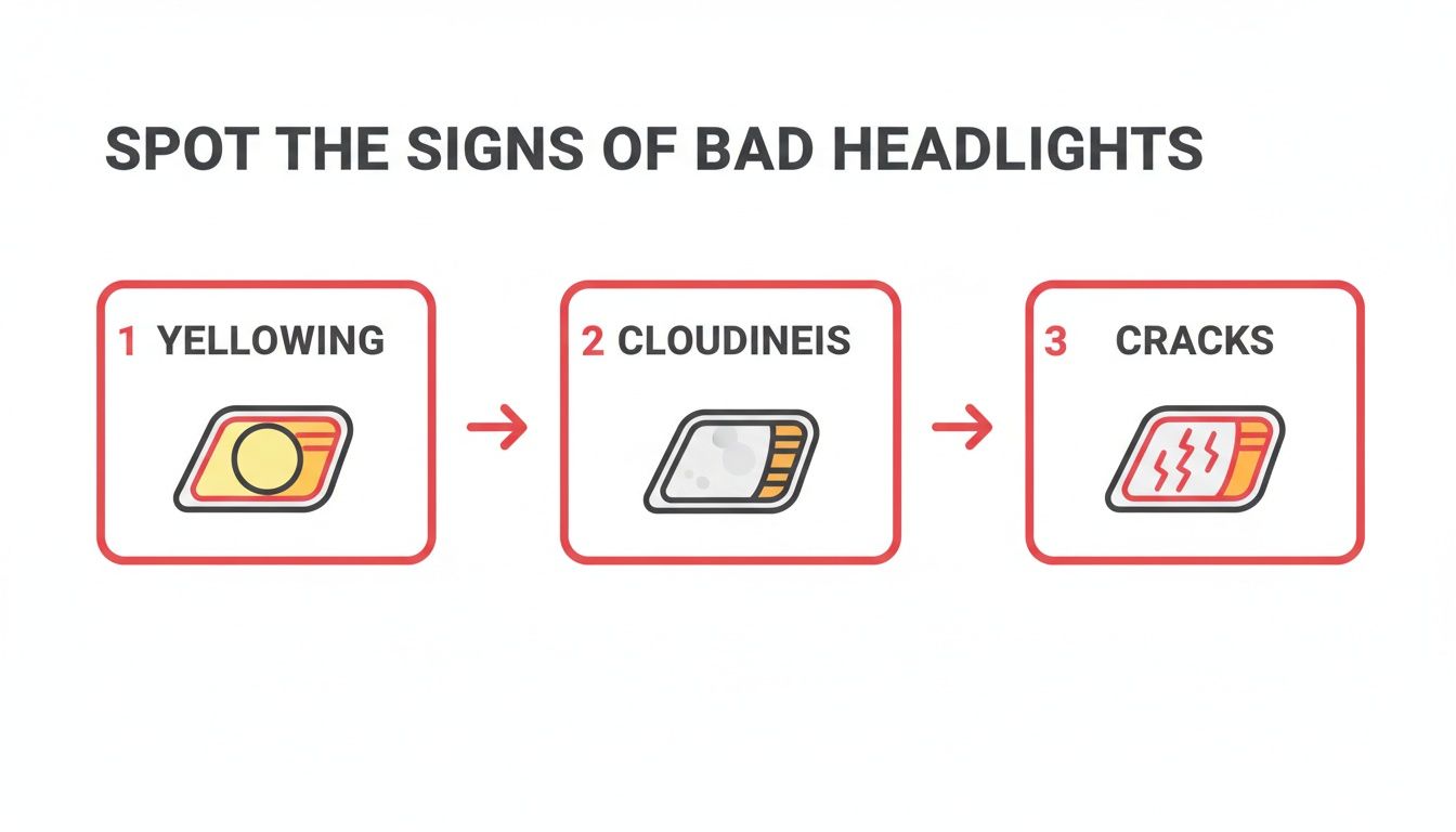 An infographic illustrating three key signs of bad car headlights: yellowing, cloudiness, and cracks.