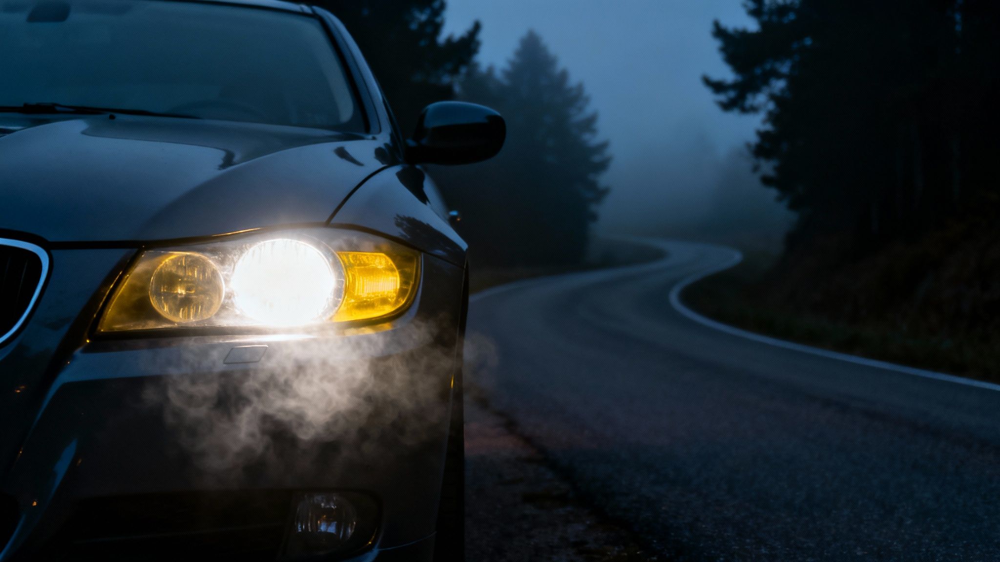 Close-up of a car's bright headlights illuminating a foggy, dark forest road.