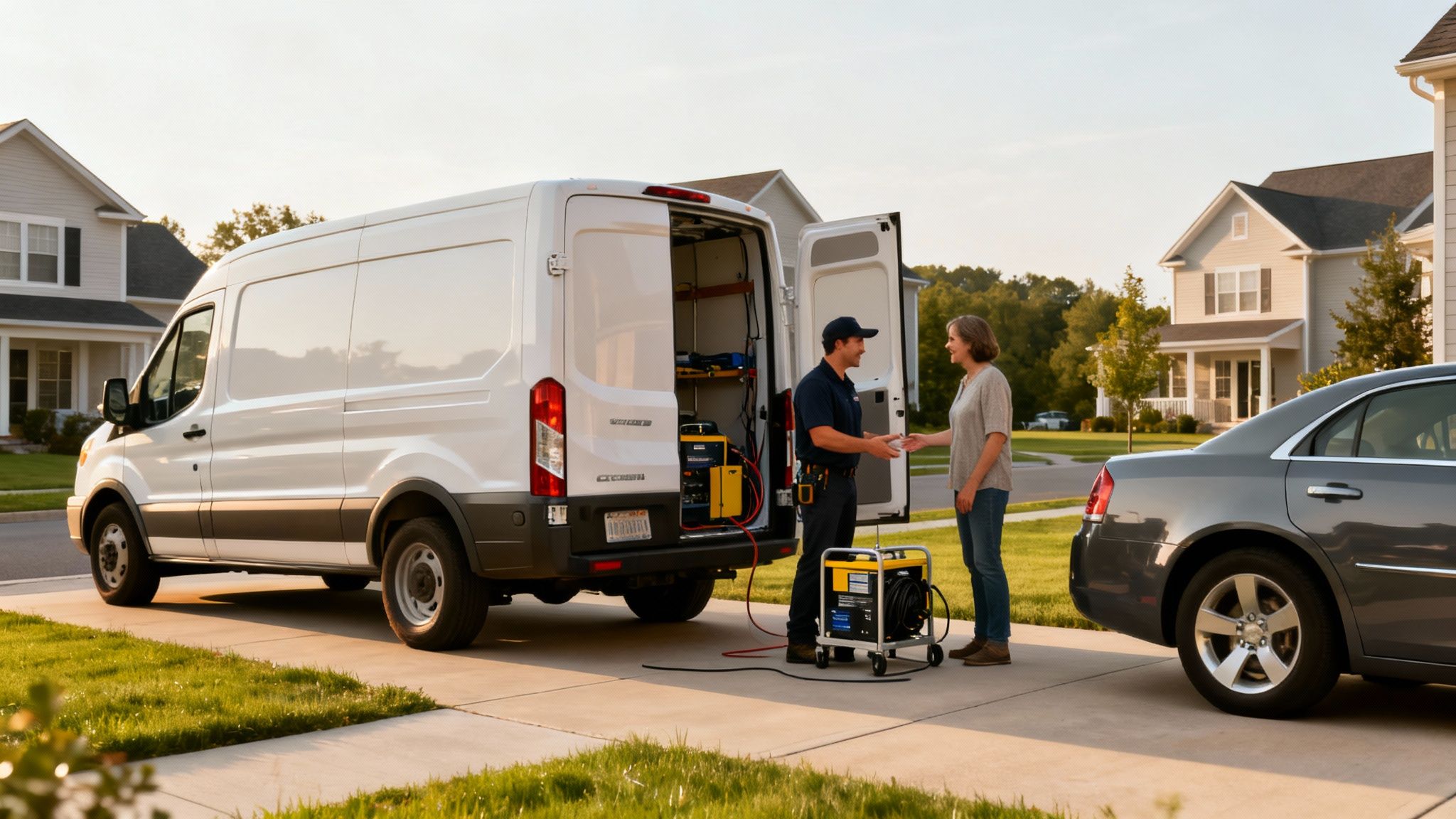 A technician shakes hands with a female customer next to a white service van and car.