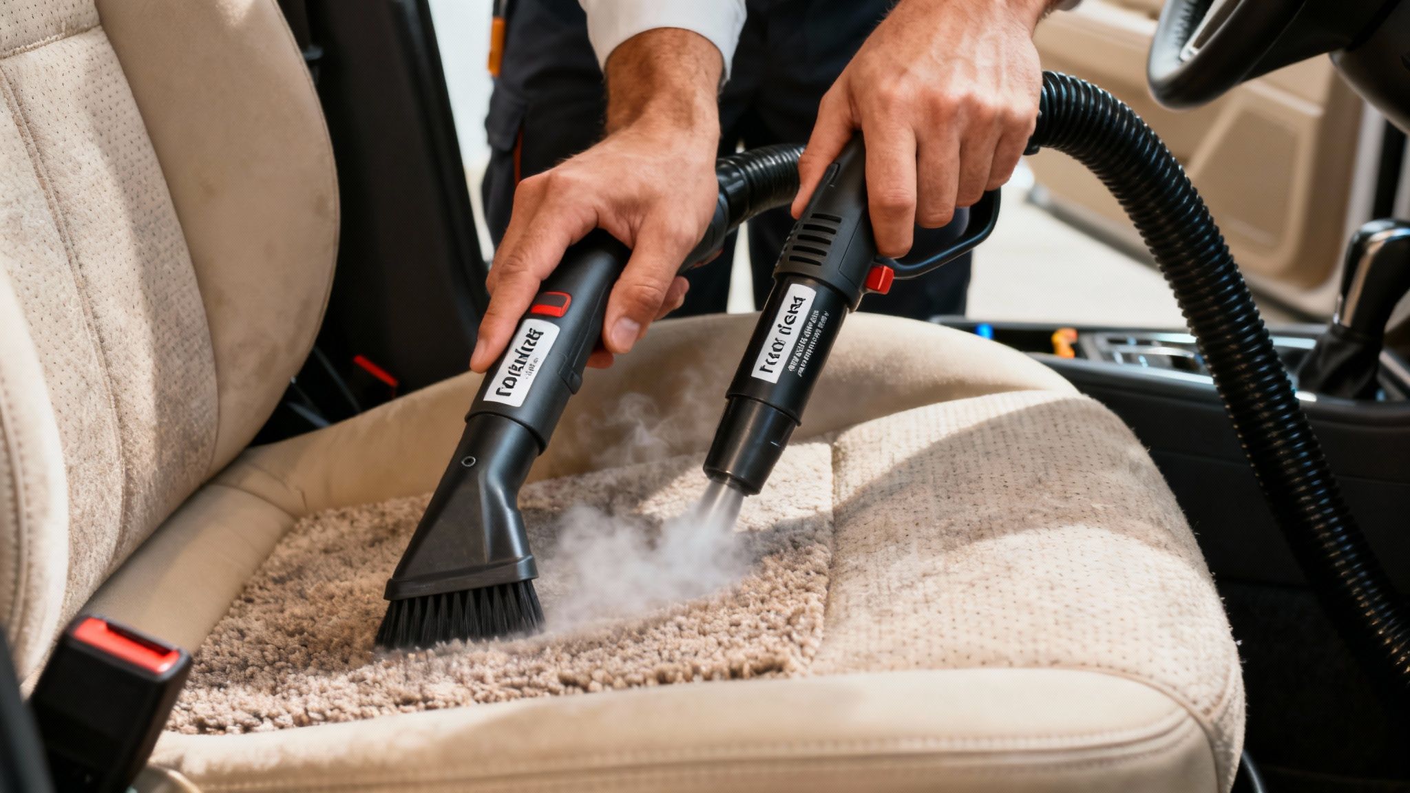 Hands cleaning car interior with steam and brush, focusing on the beige seat and floor mat.