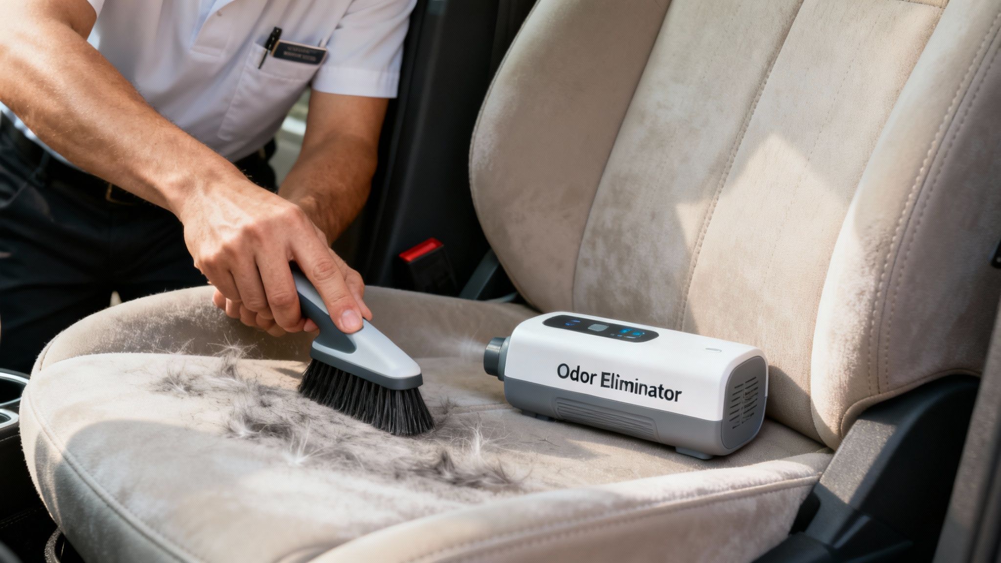 Hands brushing pet hair off a beige car seat, next to an Odor Eliminator device.