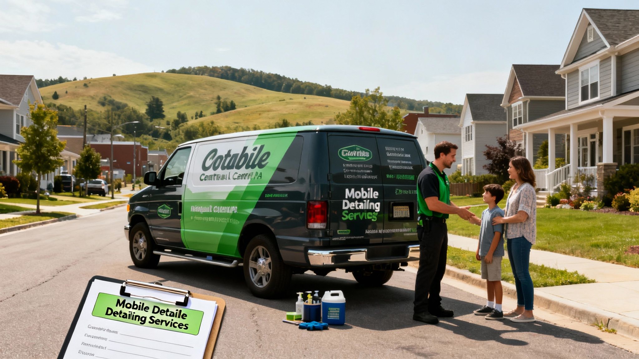 A Cotabile Mobile Detailing Services van with a technician greeting a customer and her child in a suburban neighborhood.