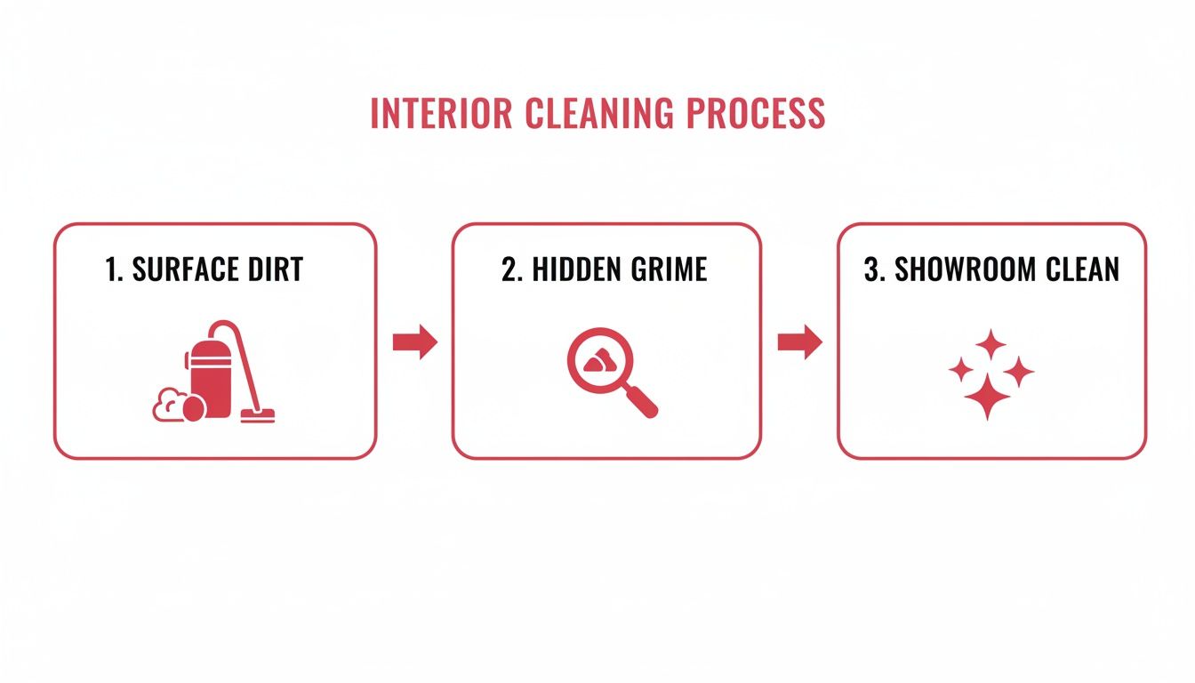 Three-step interior cleaning process diagram showing surface dirt, hidden grime, and showroom clean stages.