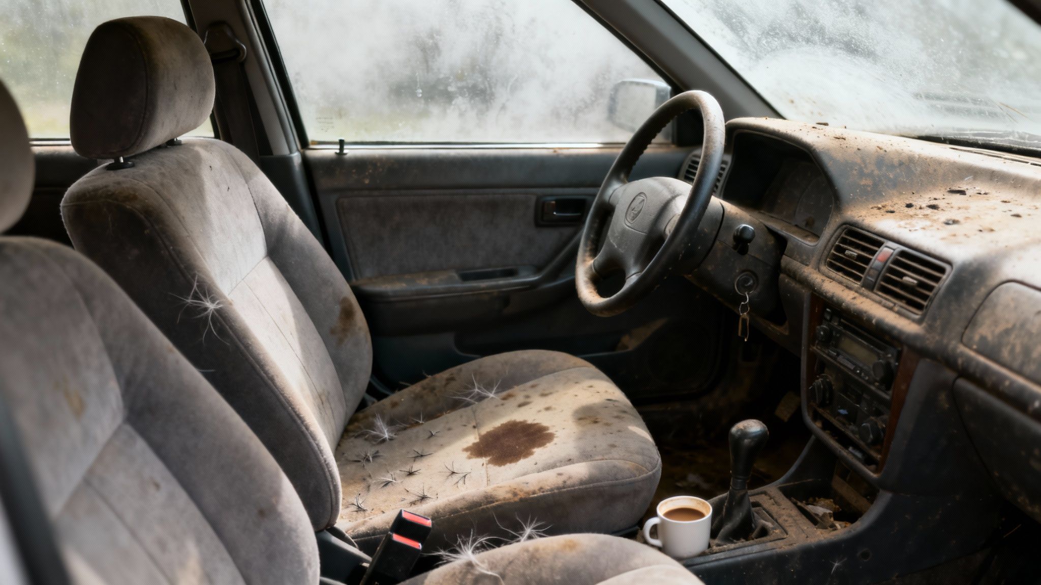 Interior of an extremely dirty and neglected car with dust, stains, and debris on seats and dashboard.