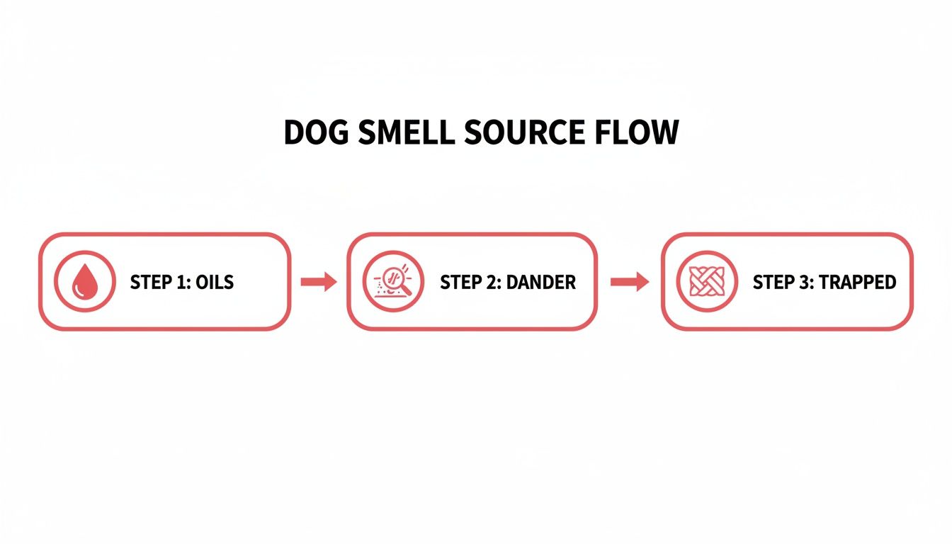 Flowchart illustrating the three-step process of dog smell sources: oils, dander, and trapped.