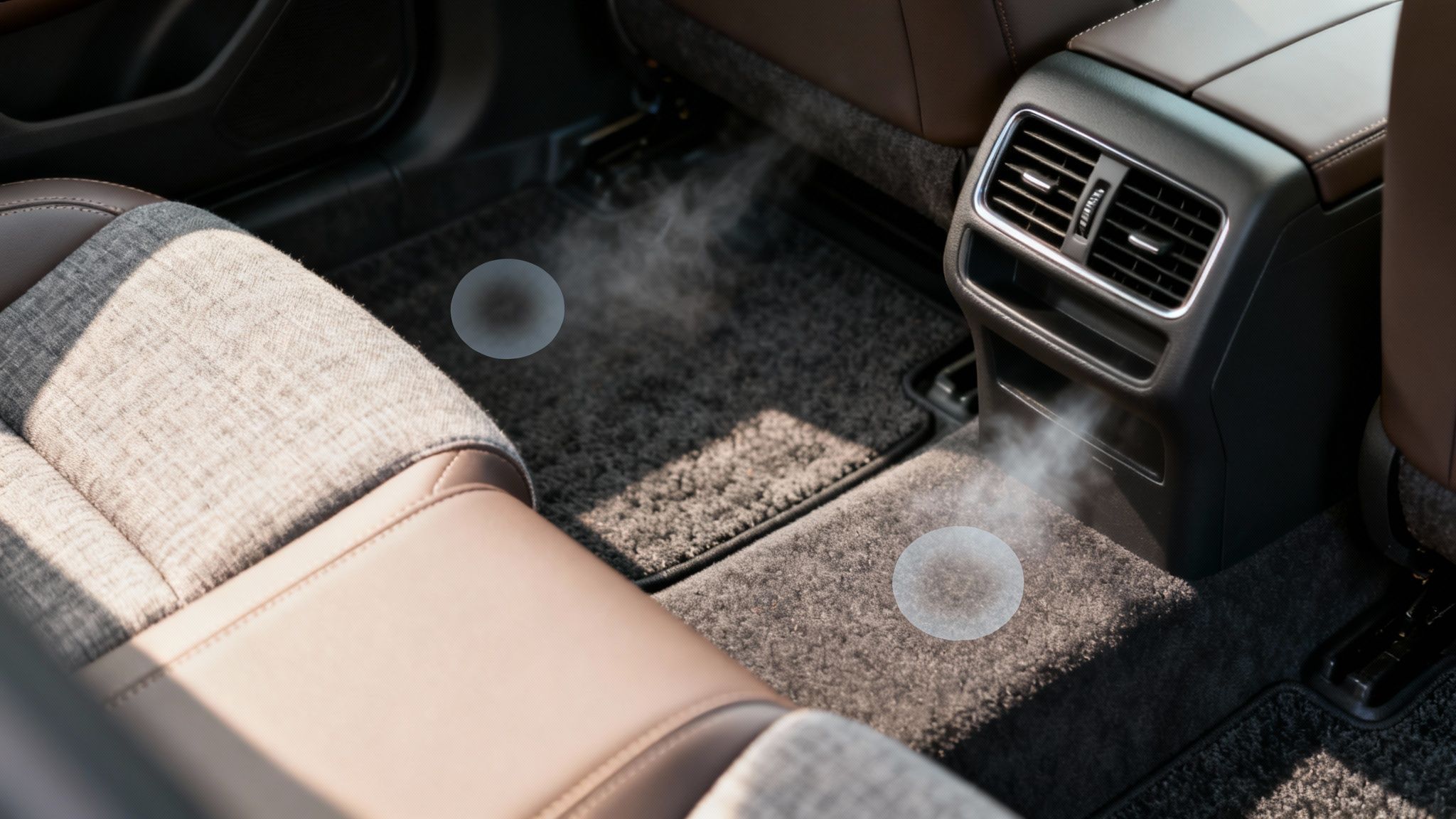 Car interior undergoing steam cleaning or deodorizing, with mist rising from floor mats.