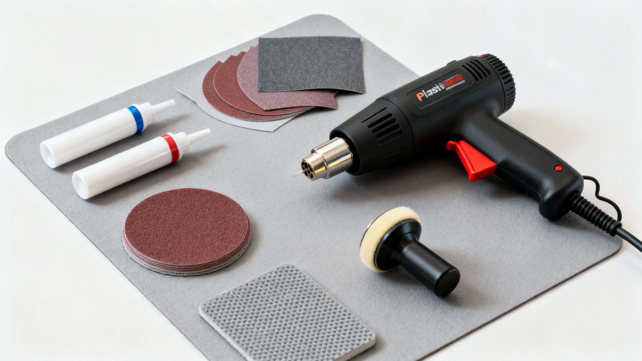 A complete car interior plastic scratch repair kit with heat gun, sanding discs, and polishing tools.
