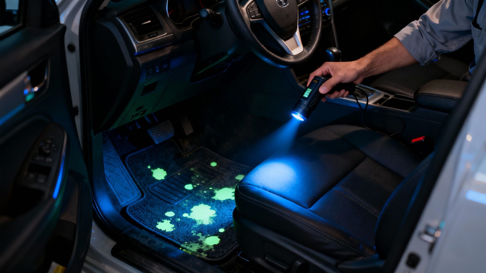 A person uses a UV light inside a car to inspect glowing green stains on the floor mats.