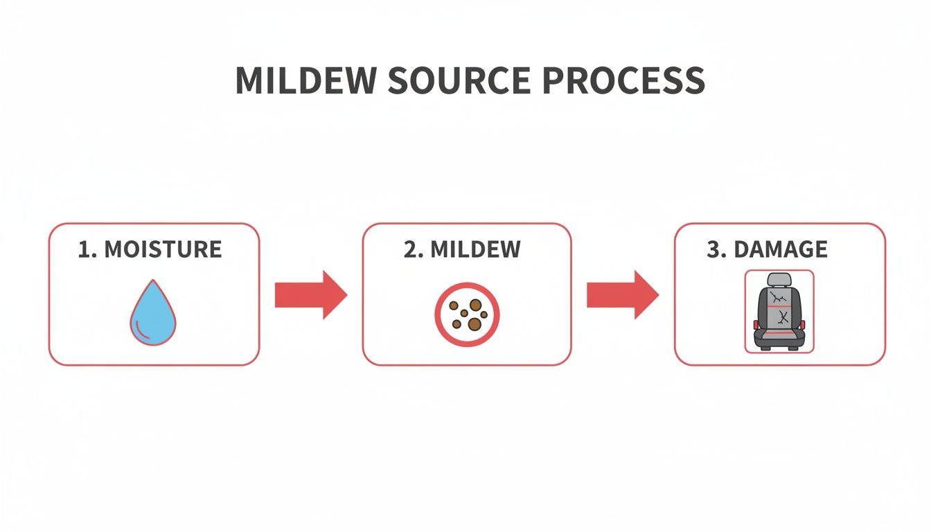A flowchart showing the mildew source process: moisture leads to mildew, which causes damage to a car seat.