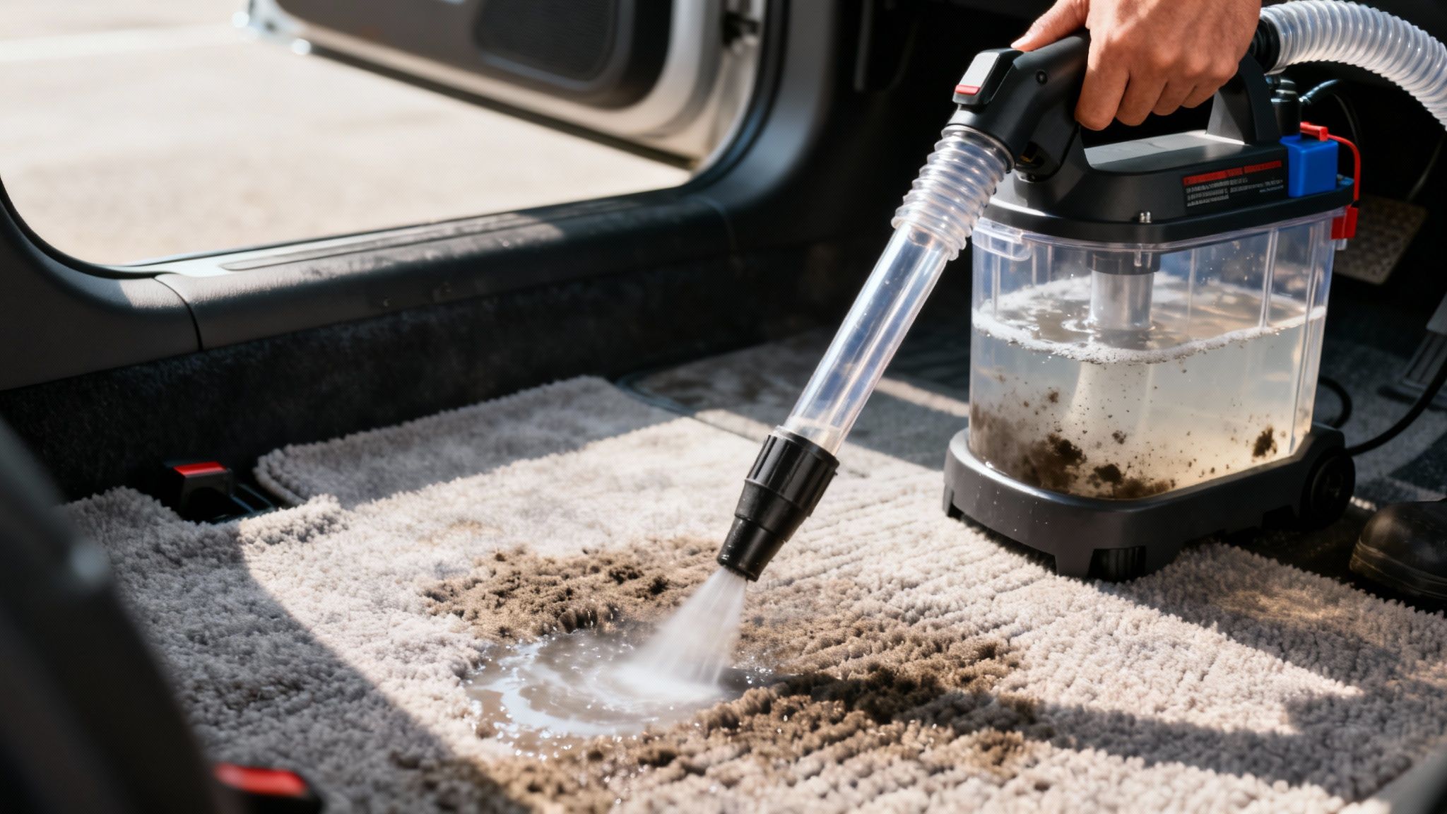 Person deep cleaning a stained car carpet with a portable extractor, showing dirty water.