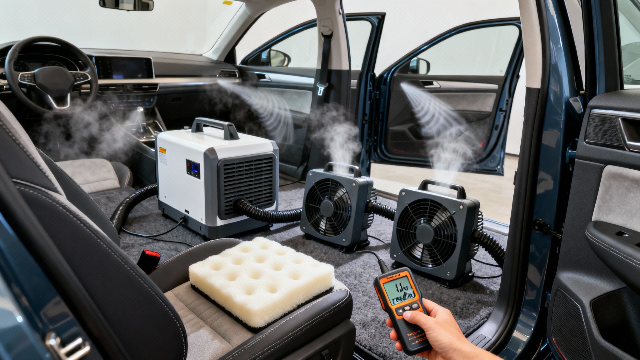 Car interior undergoing deep cleaning and disinfection with a fogging machine and fans.