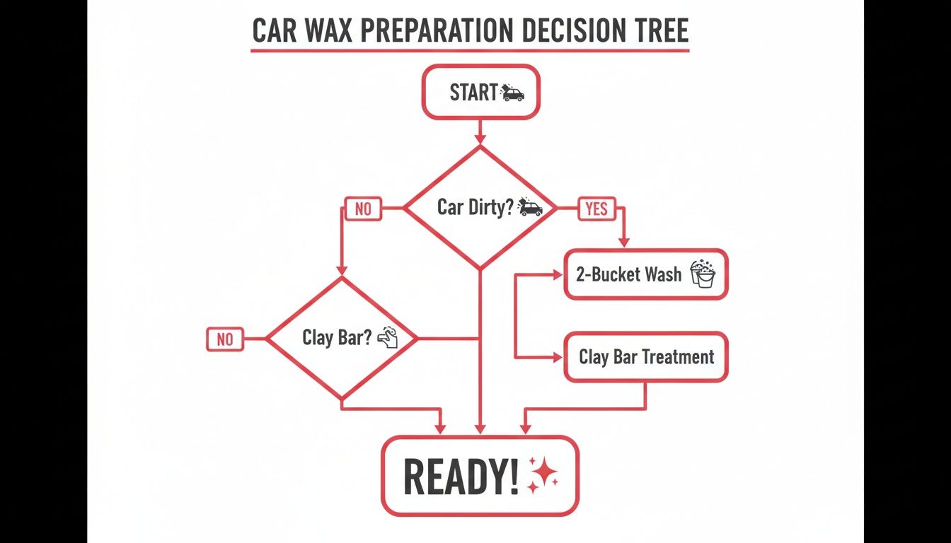 A car wax preparation decision tree flowchart, guiding through steps like washing and clay bar treatment.
