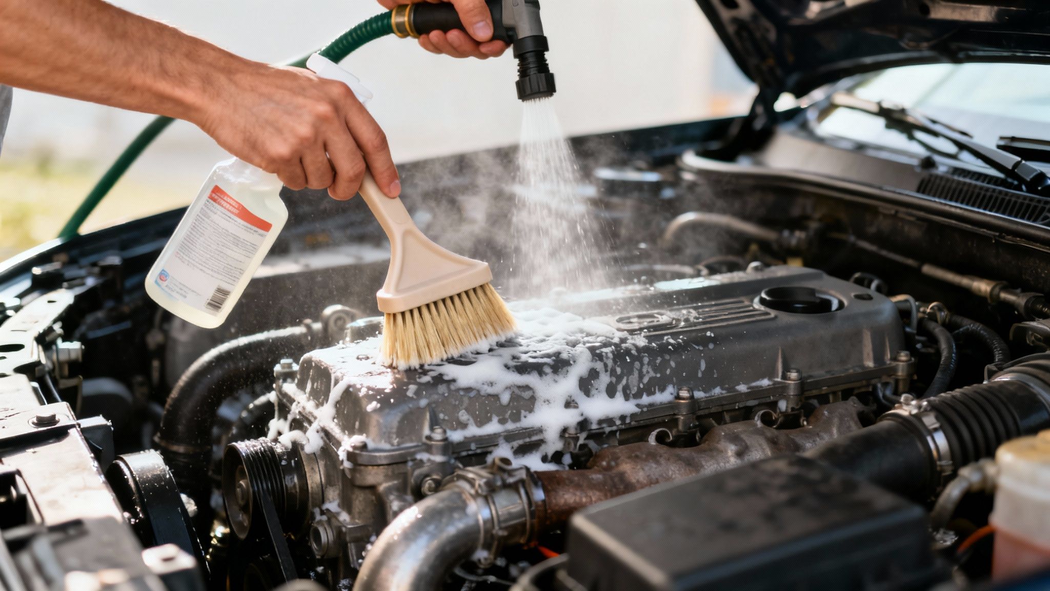 Person cleaning a car engine bay with a brush, spray bottle, and hose, generating foam.