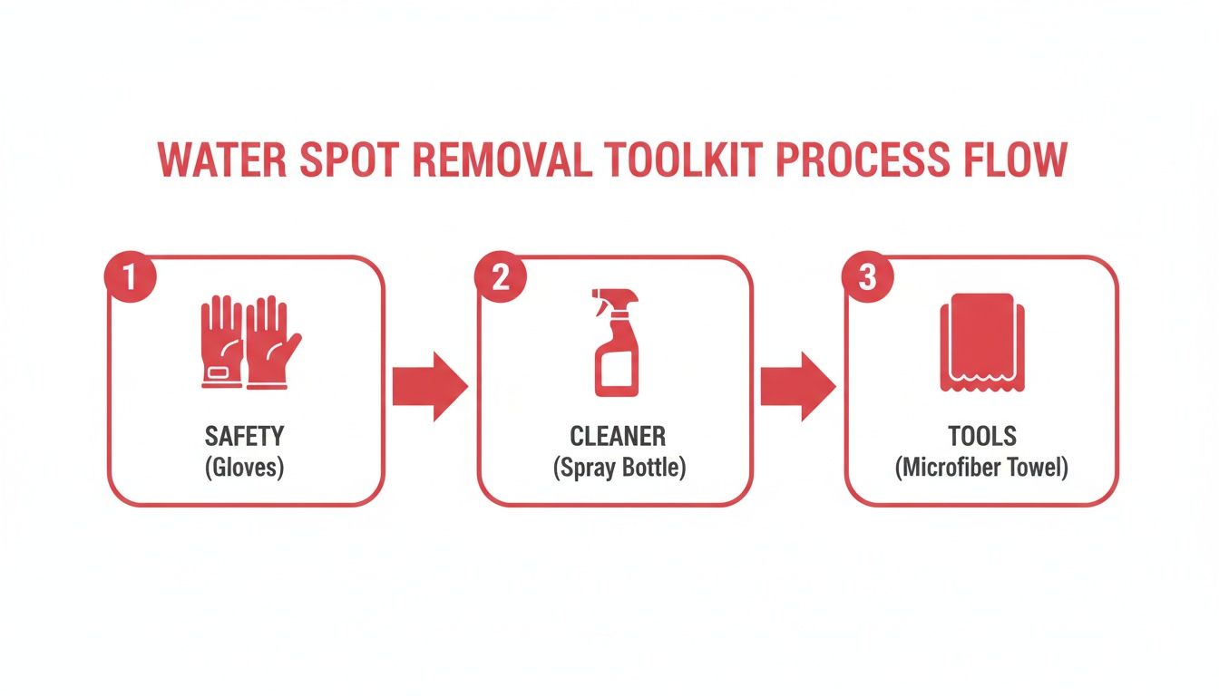 Process flow diagram showing steps for water spot removal: safety (gloves), cleaner (spray bottle), and tools (microfiber towel).