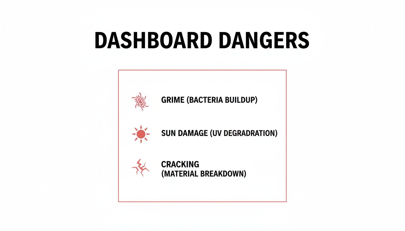 Infographic detailing dashboard dangers: grime, sun damage, and cracking with illustrative icons.