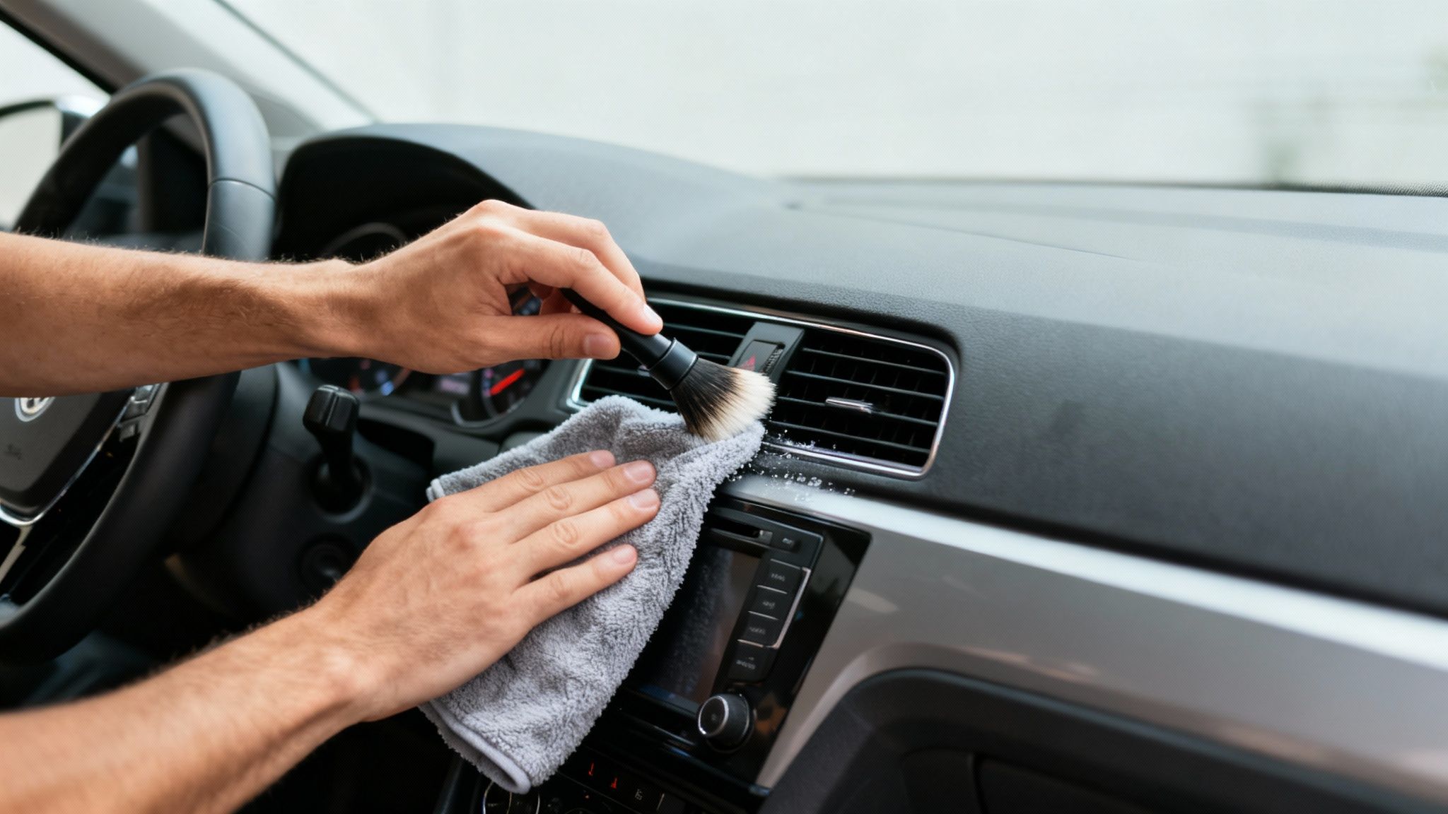 Close-up of hands detailing car interior, cleaning dashboard air vents with a brush and cloth.