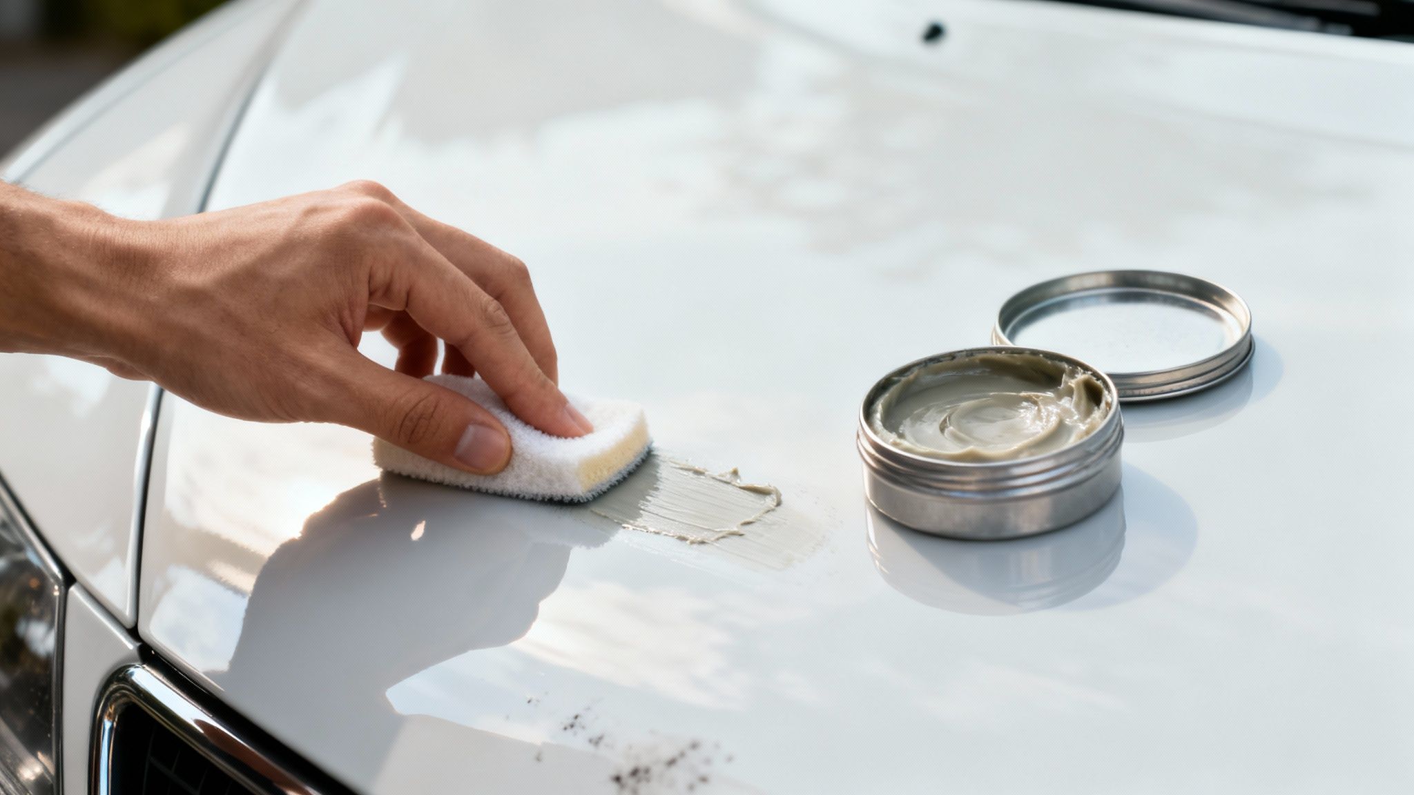 A hand applies car wax with a sponge on a white car's hood, next to an open tin.