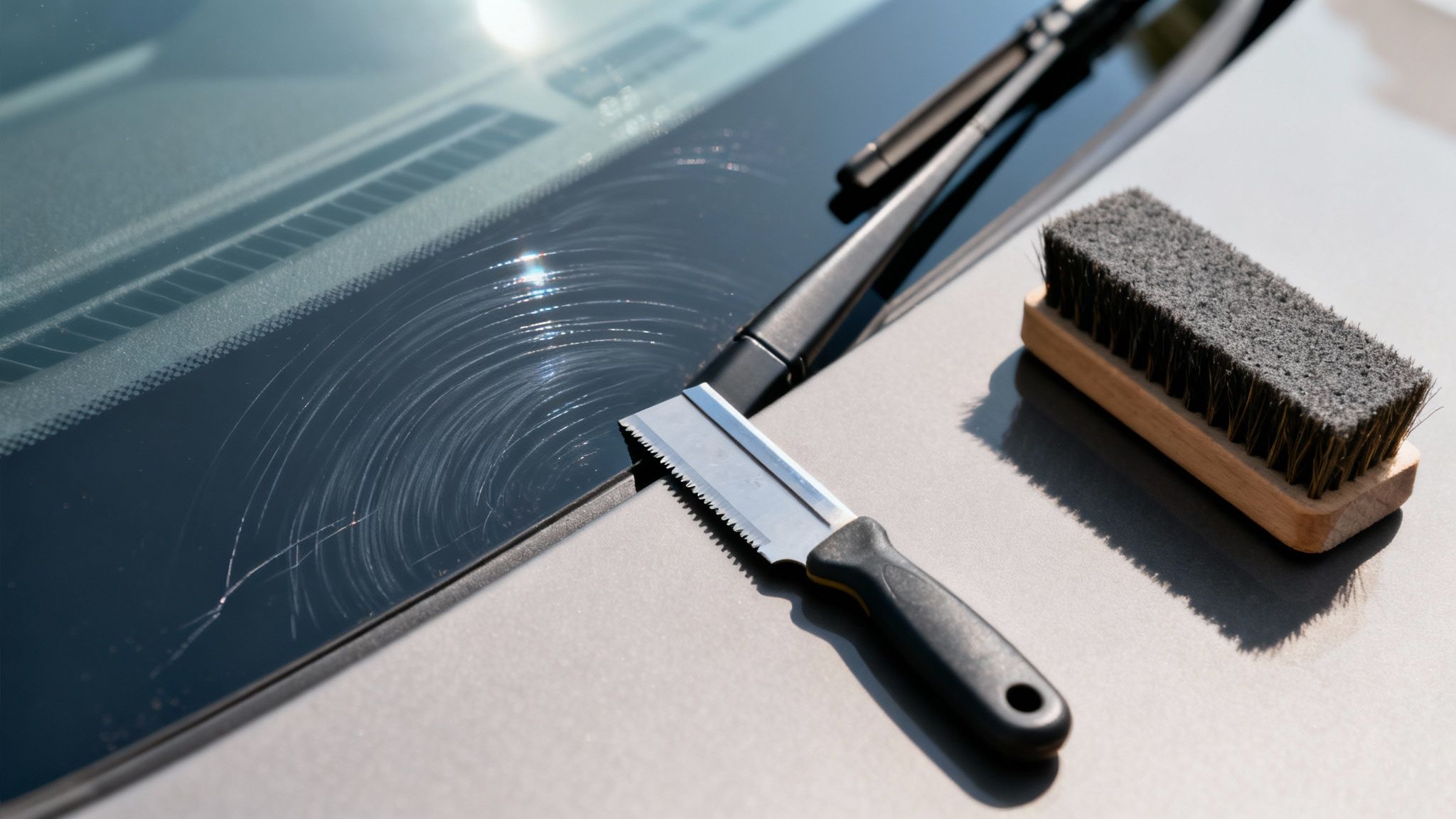 A car windshield with visible swirl marks, accompanied by a scraper tool and cleaning brush.