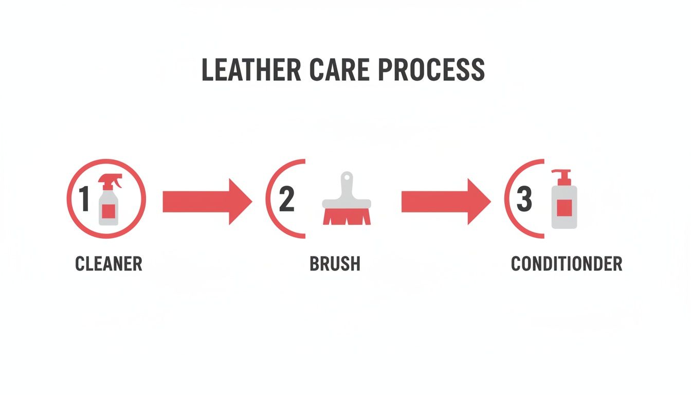 A visual guide illustrating a 3-step leather care process: cleaner, brush, and conditioner.