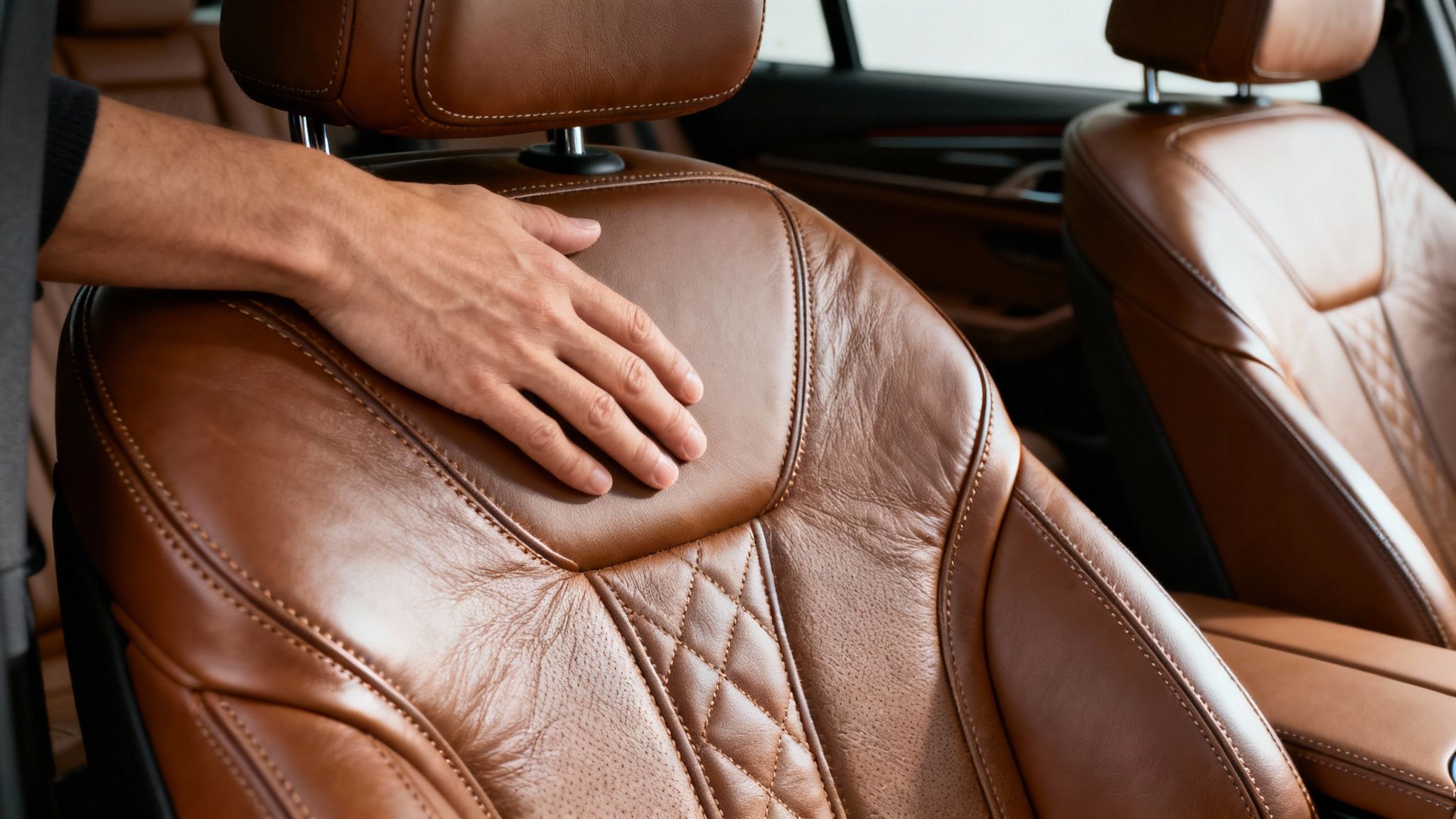 A hand gently touches a luxurious brown leather car seat, highlighting its fine texture and stitching.