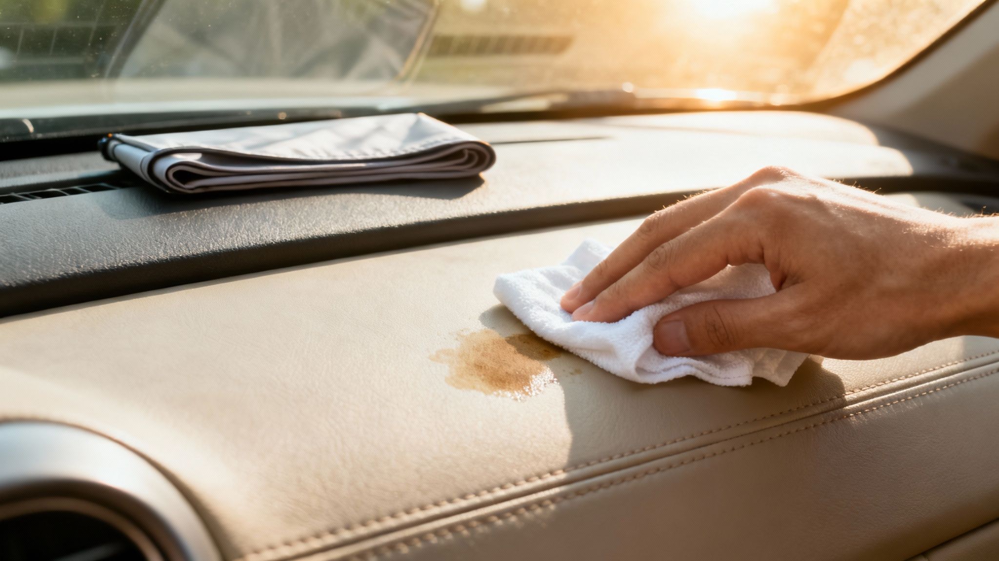 Close-up of a hand wiping a coffee spill from a car's leather dashboard with a white cloth.