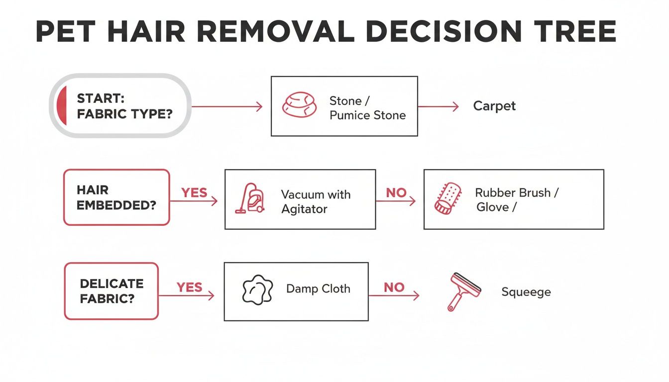 A pet hair removal decision tree flowchart, guiding tool selection based on fabric type, embedded hair, and delicacy.