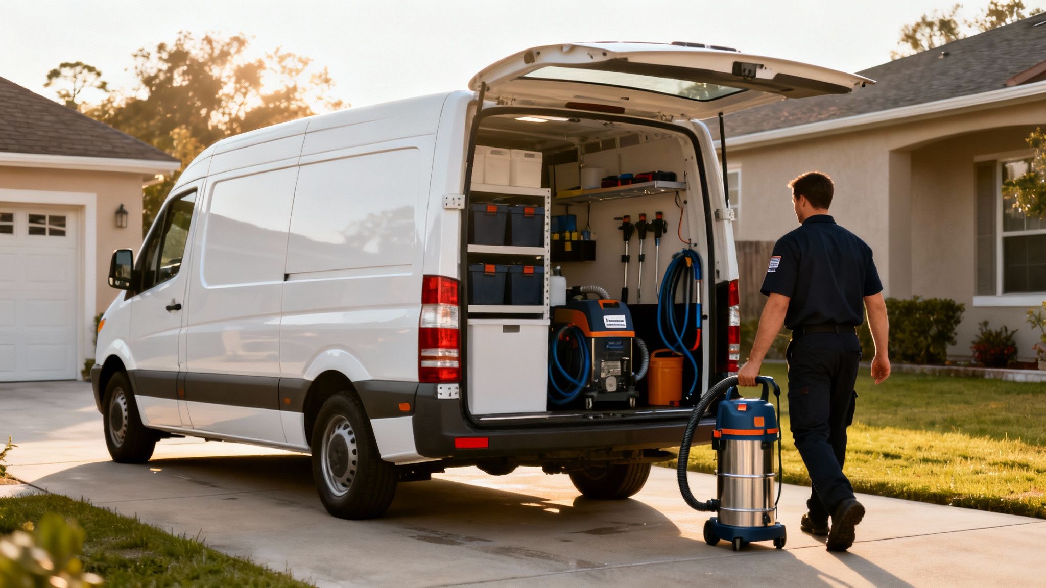 Service technician unloads a vacuum cleaner from an organized white van in a residential driveway.